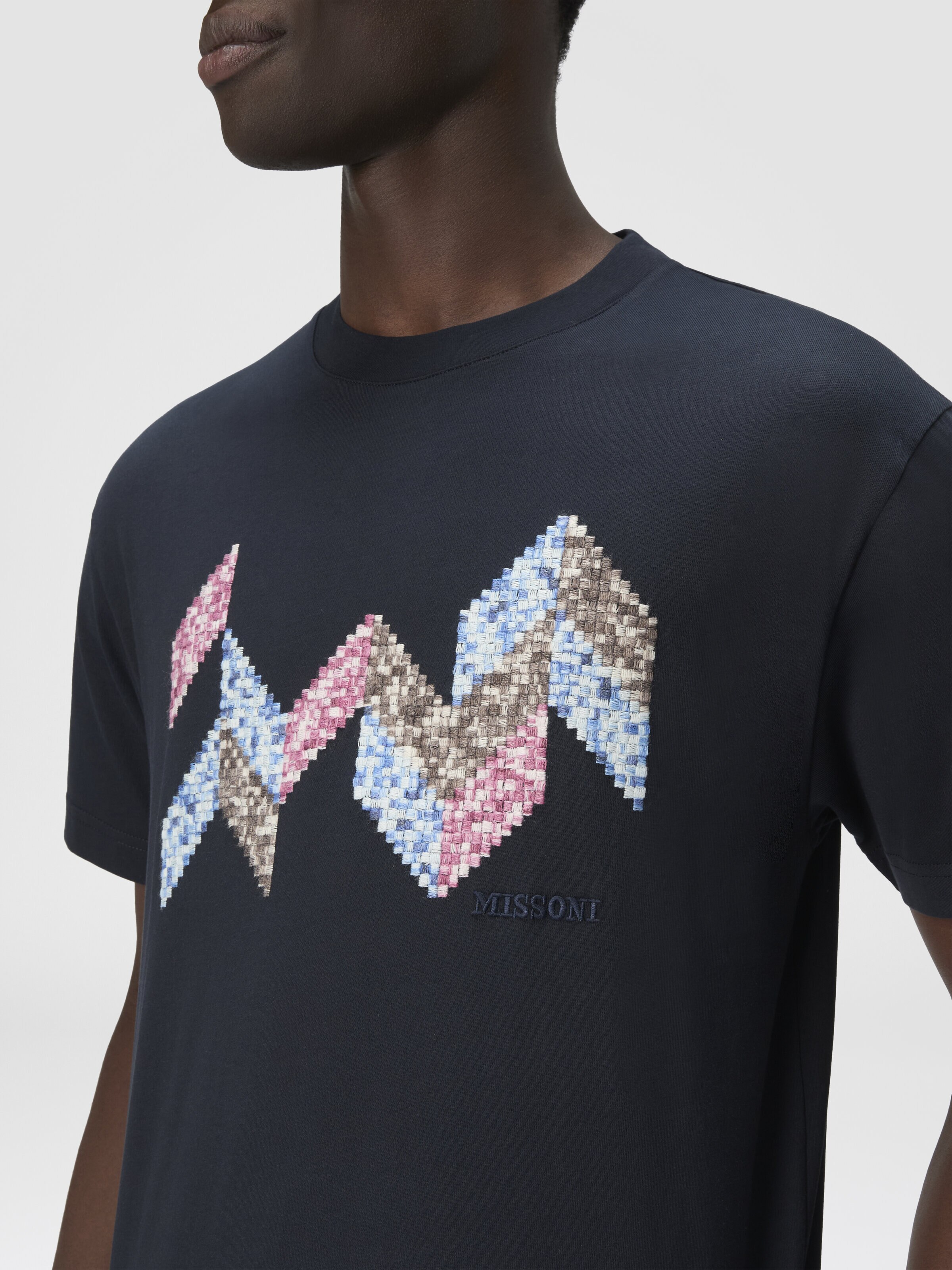 Short Sleeve T-Shirt with Flame Zigzag Insert and Logo, Blue - 4