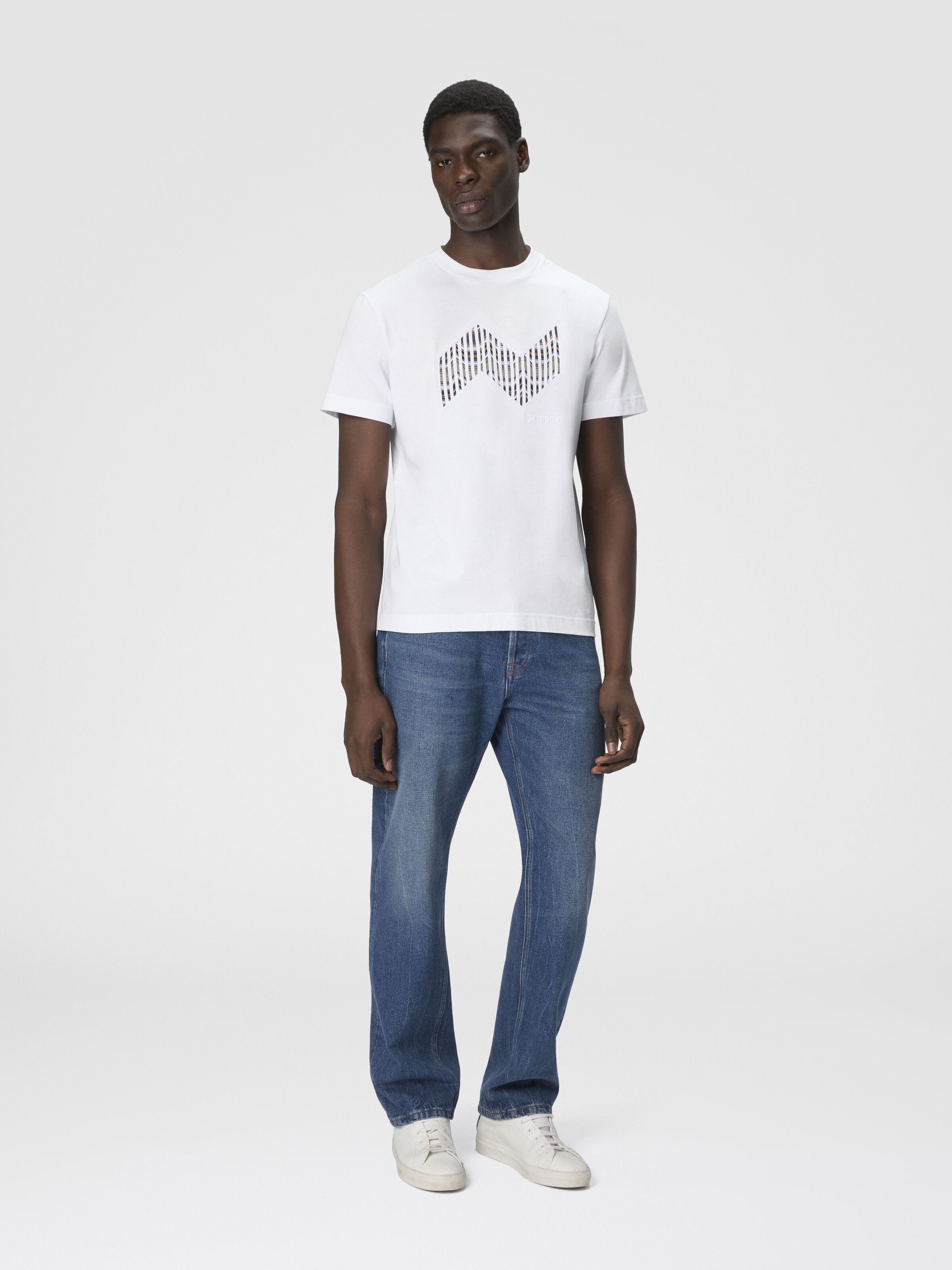 Short Sleeve T-Shirt with Geometric Zigzag Insert and Logo, Multicoloured  - 1