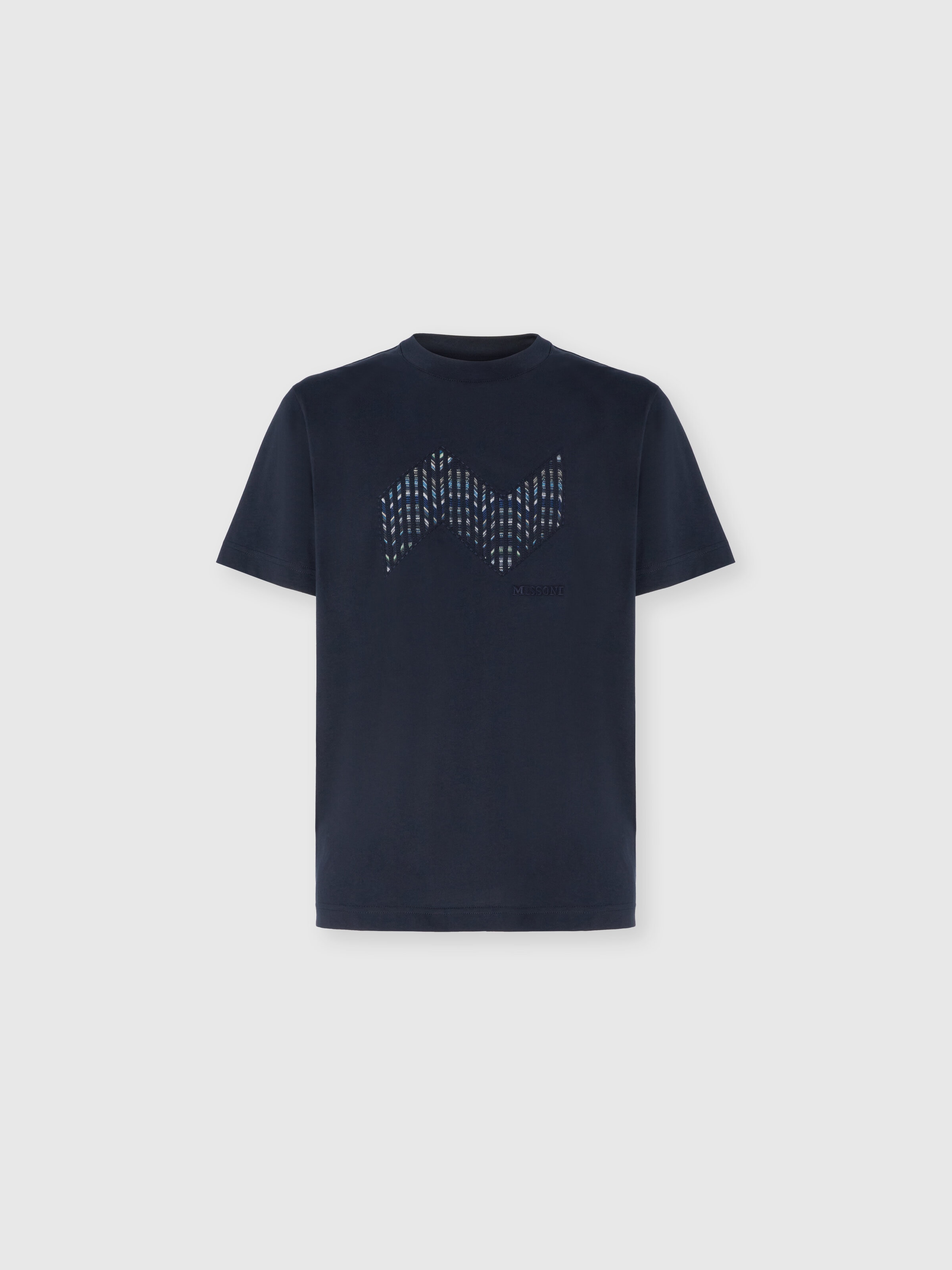 Short Sleeve T-Shirt with Geometric Zigzag Insert and Logo, Blue - 0