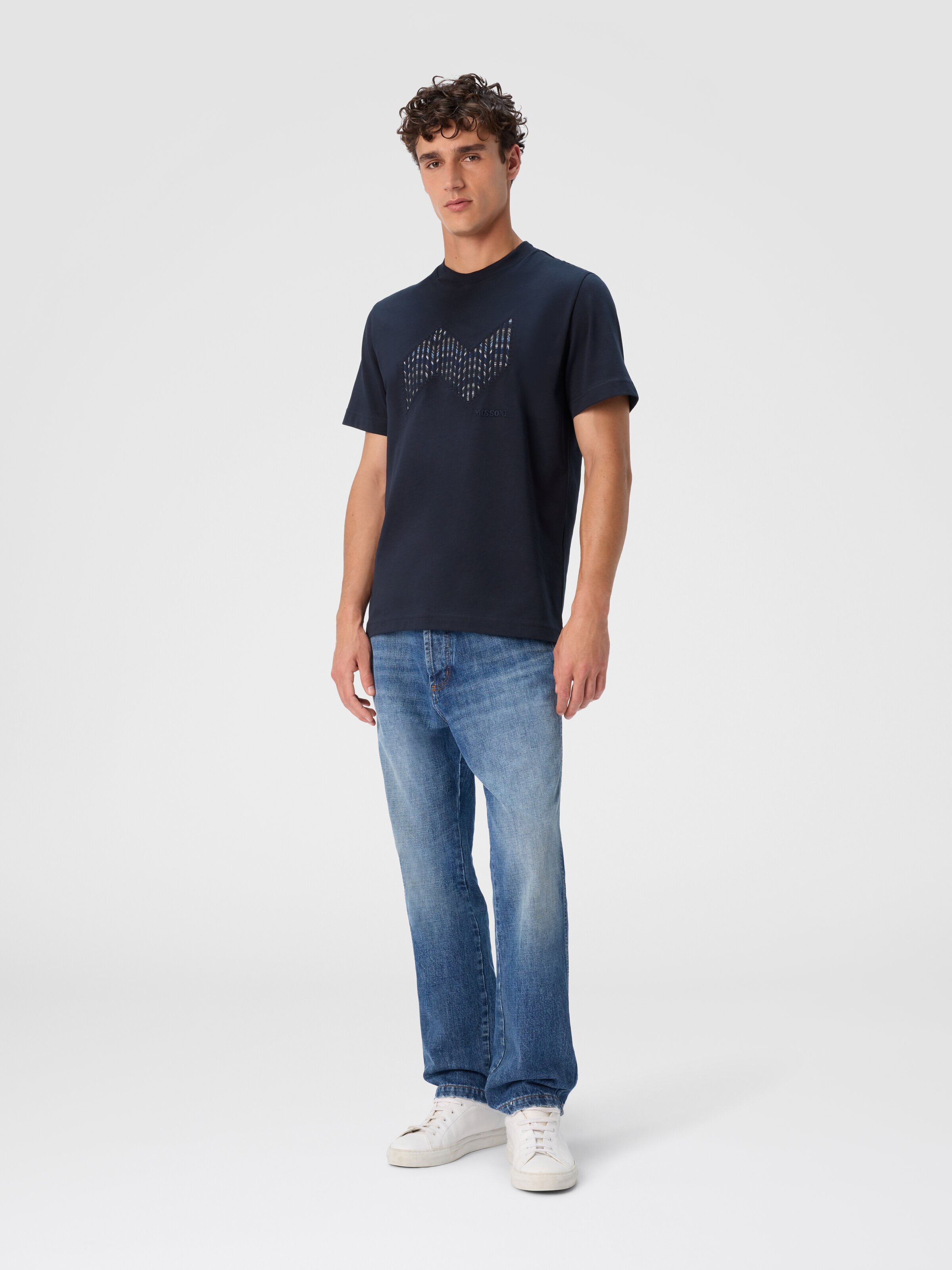Short Sleeve T-Shirt with Geometric Zigzag Insert and Logo, Blue - 1