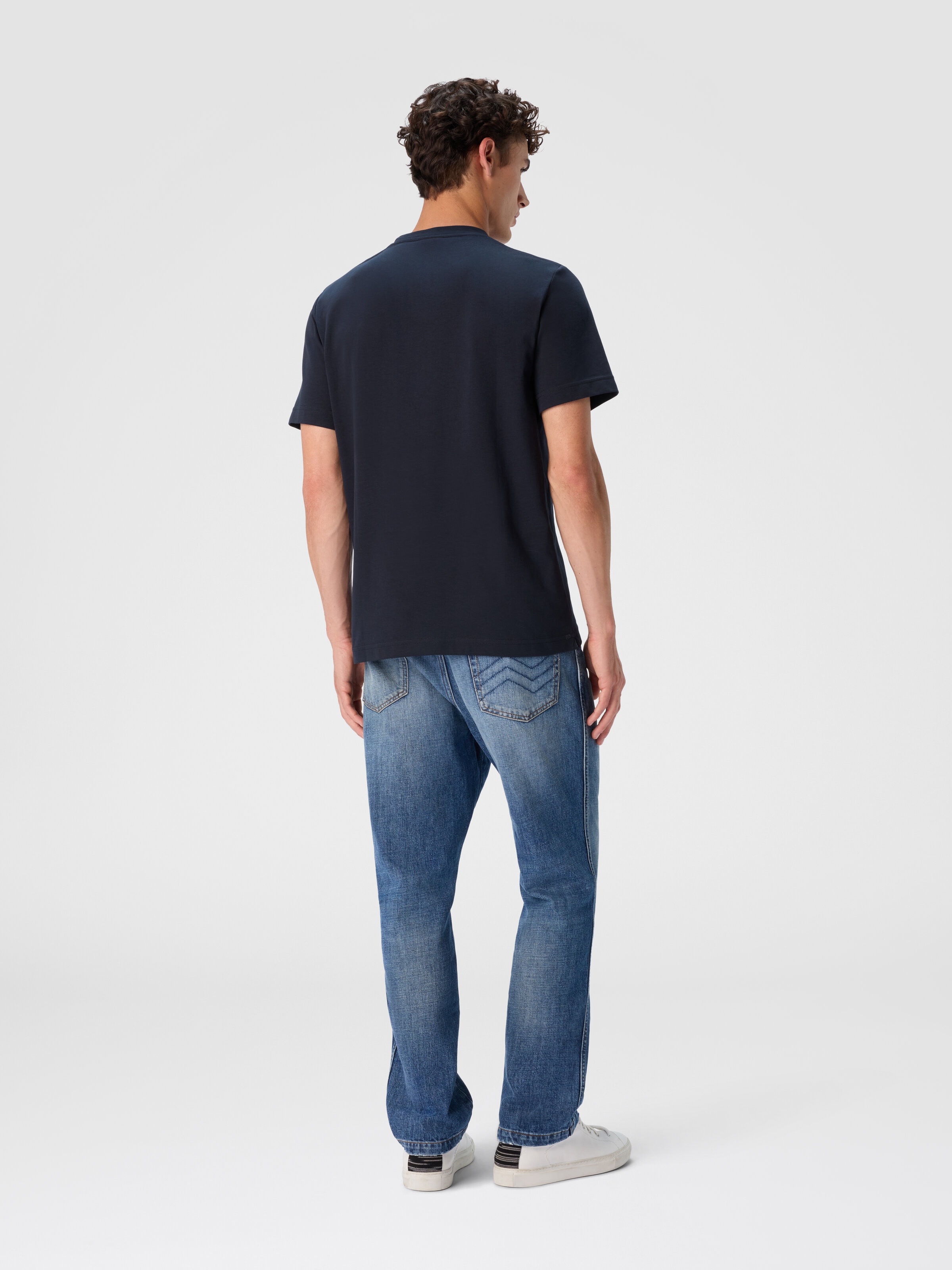 Short Sleeve T-Shirt with Geometric Zigzag Insert and Logo, Blue - 2