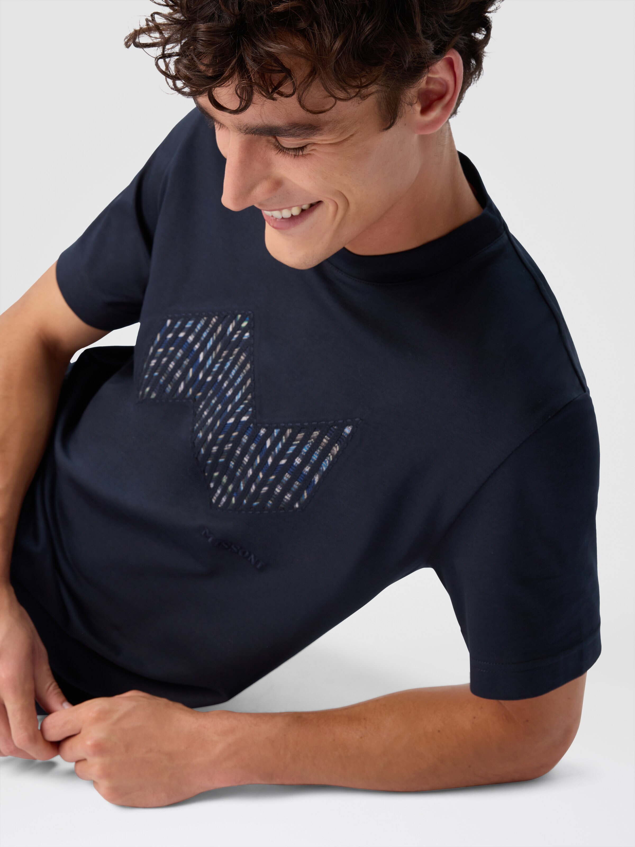 Short Sleeve T-Shirt with Geometric Zigzag Insert and Logo, Blue - 3
