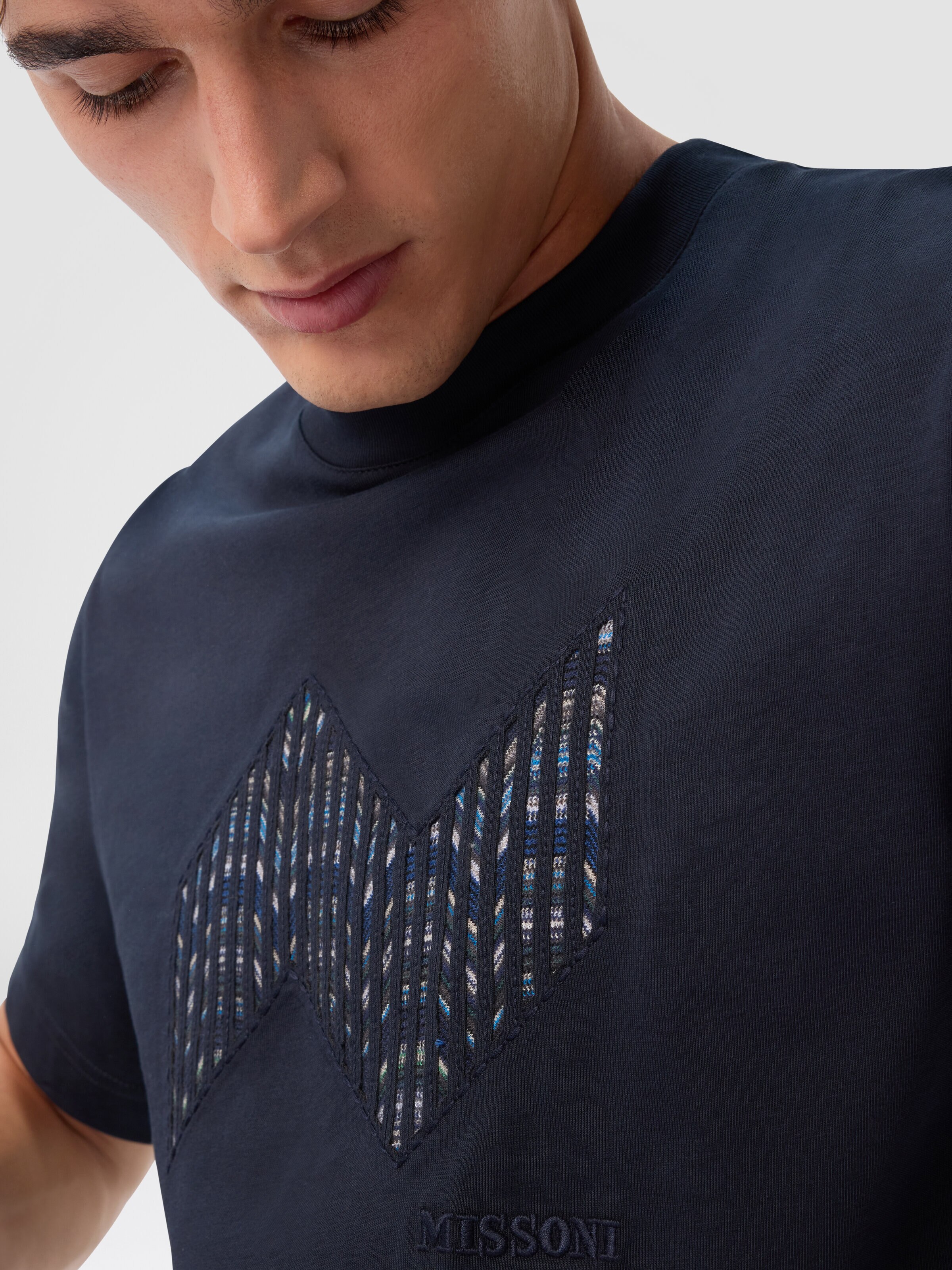 Short Sleeve T-Shirt with Geometric Zigzag Insert and Logo, Blue - 4