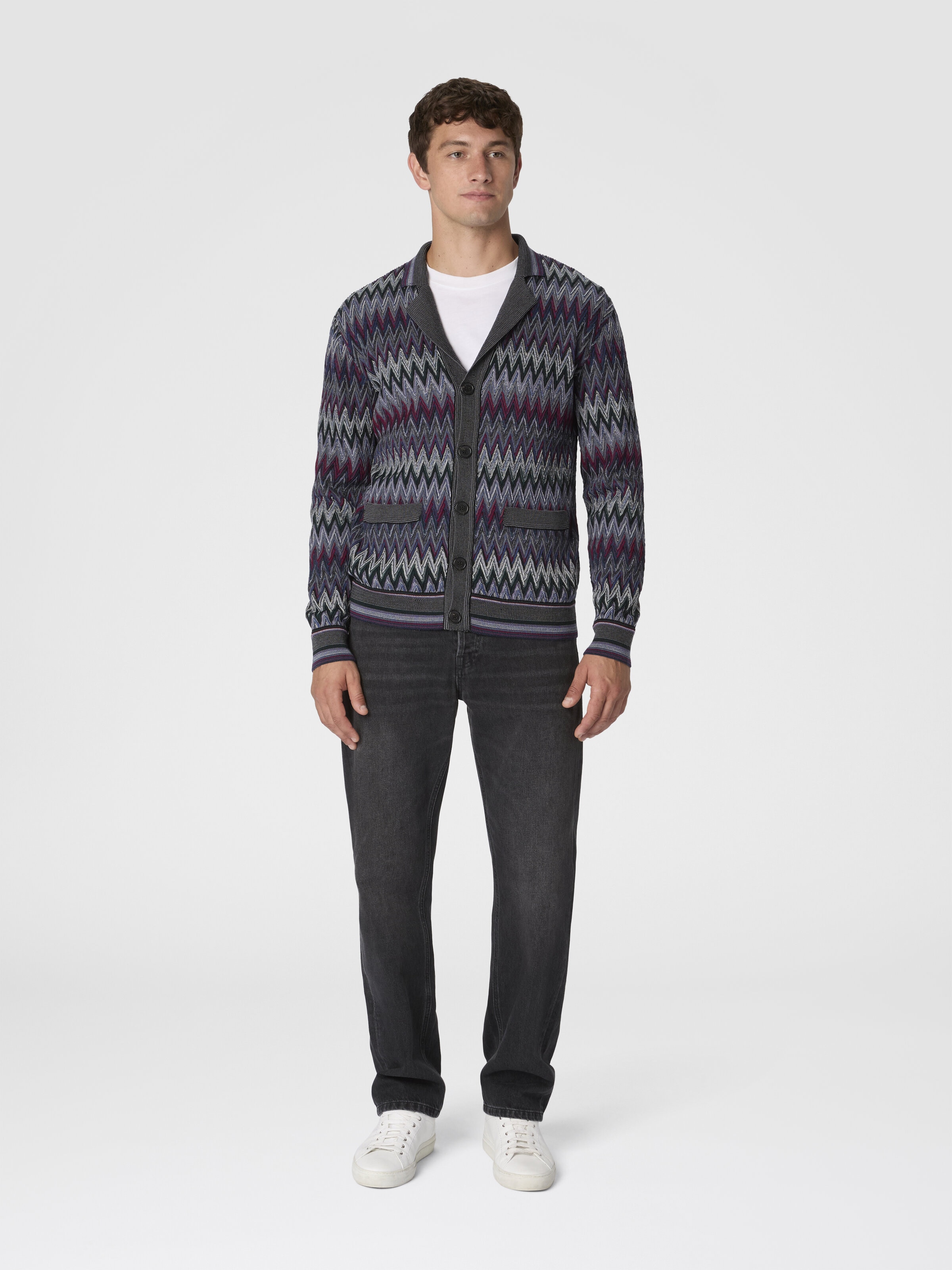 Zigzag Cardigan in Pure Wool, Multicoloured  - 1