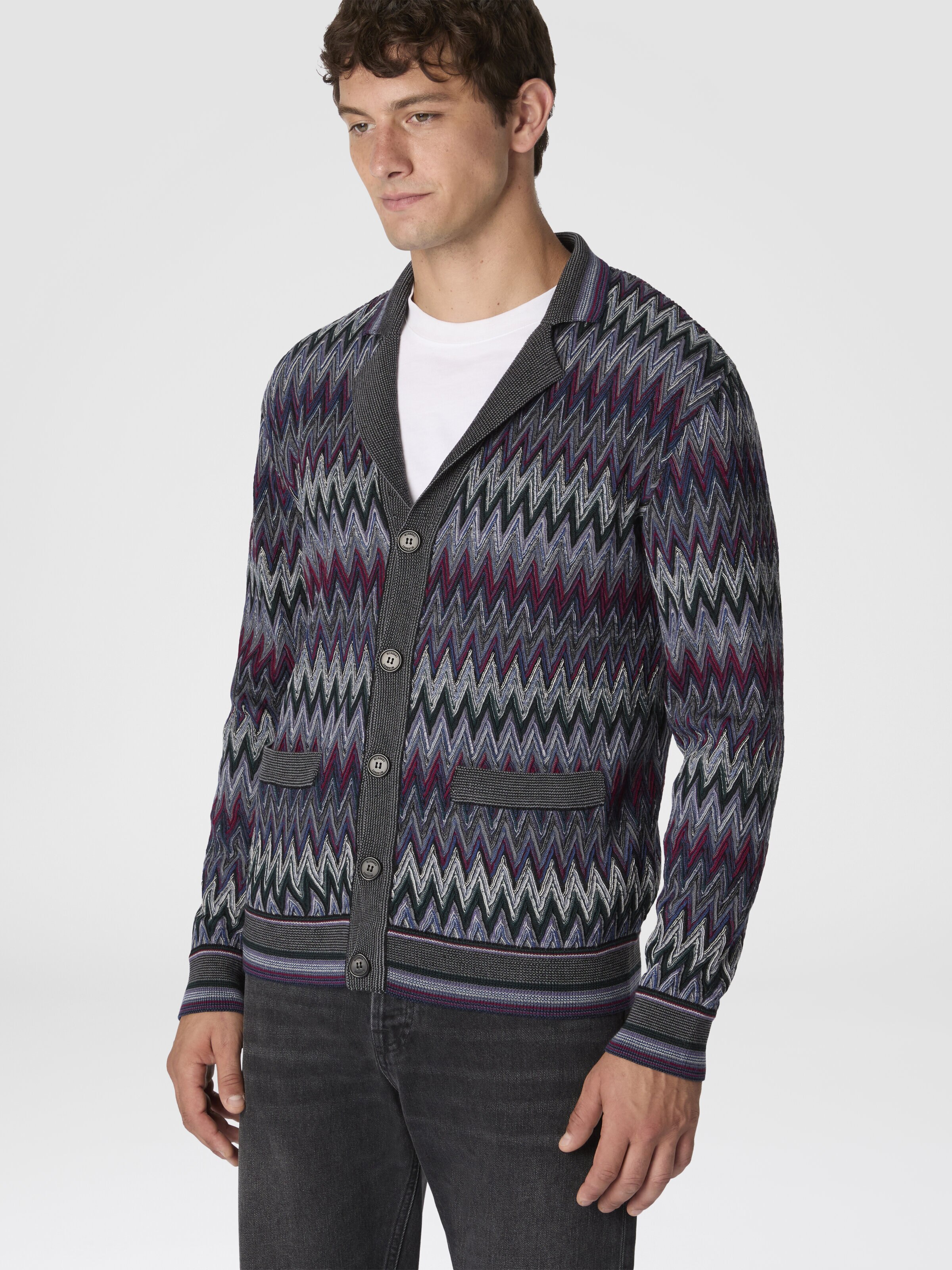 Zigzag Cardigan in Pure Wool, Multicoloured  - 3