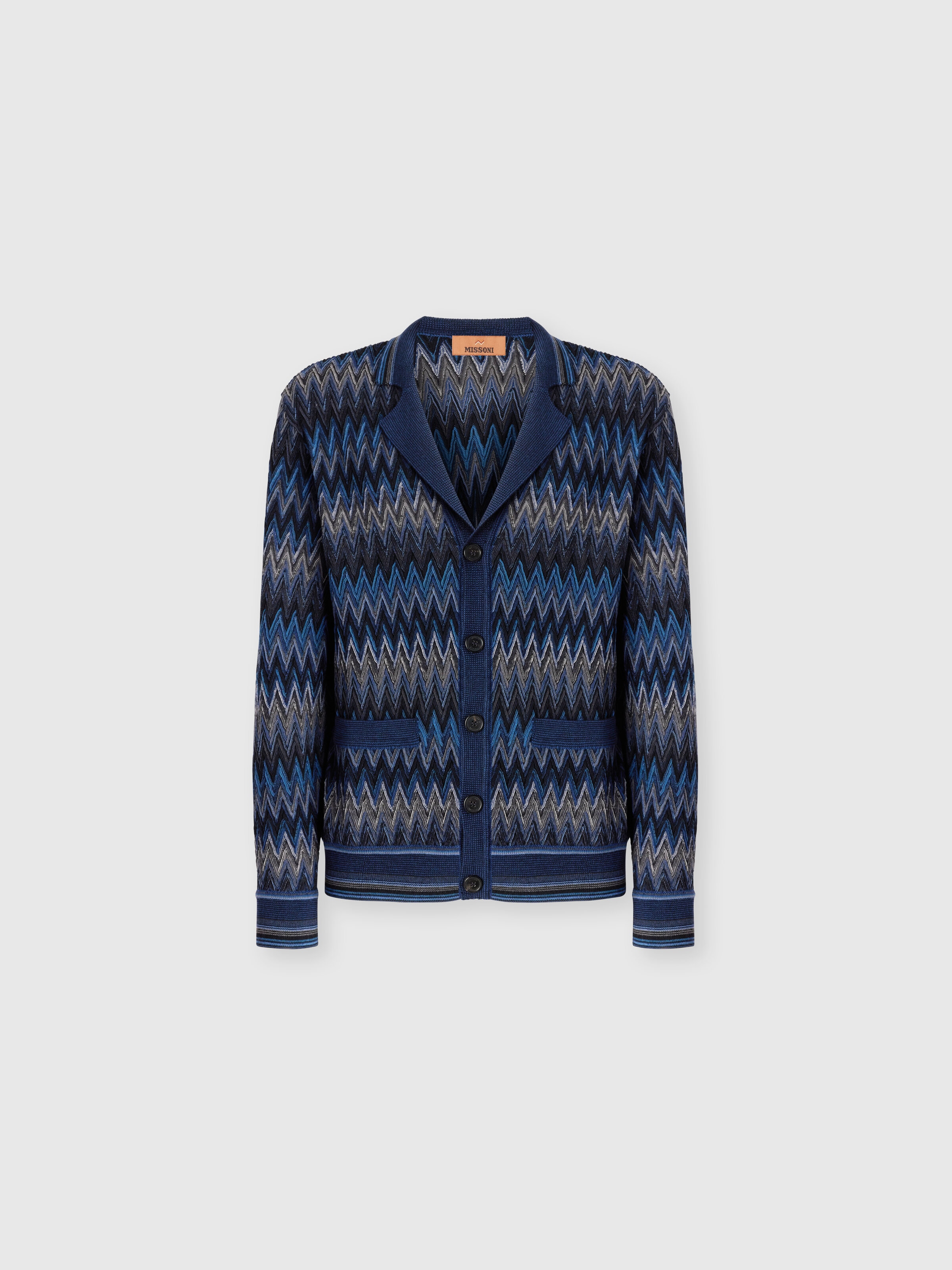 Zigzag Cardigan in Pure Wool, Blue & Grey - 0