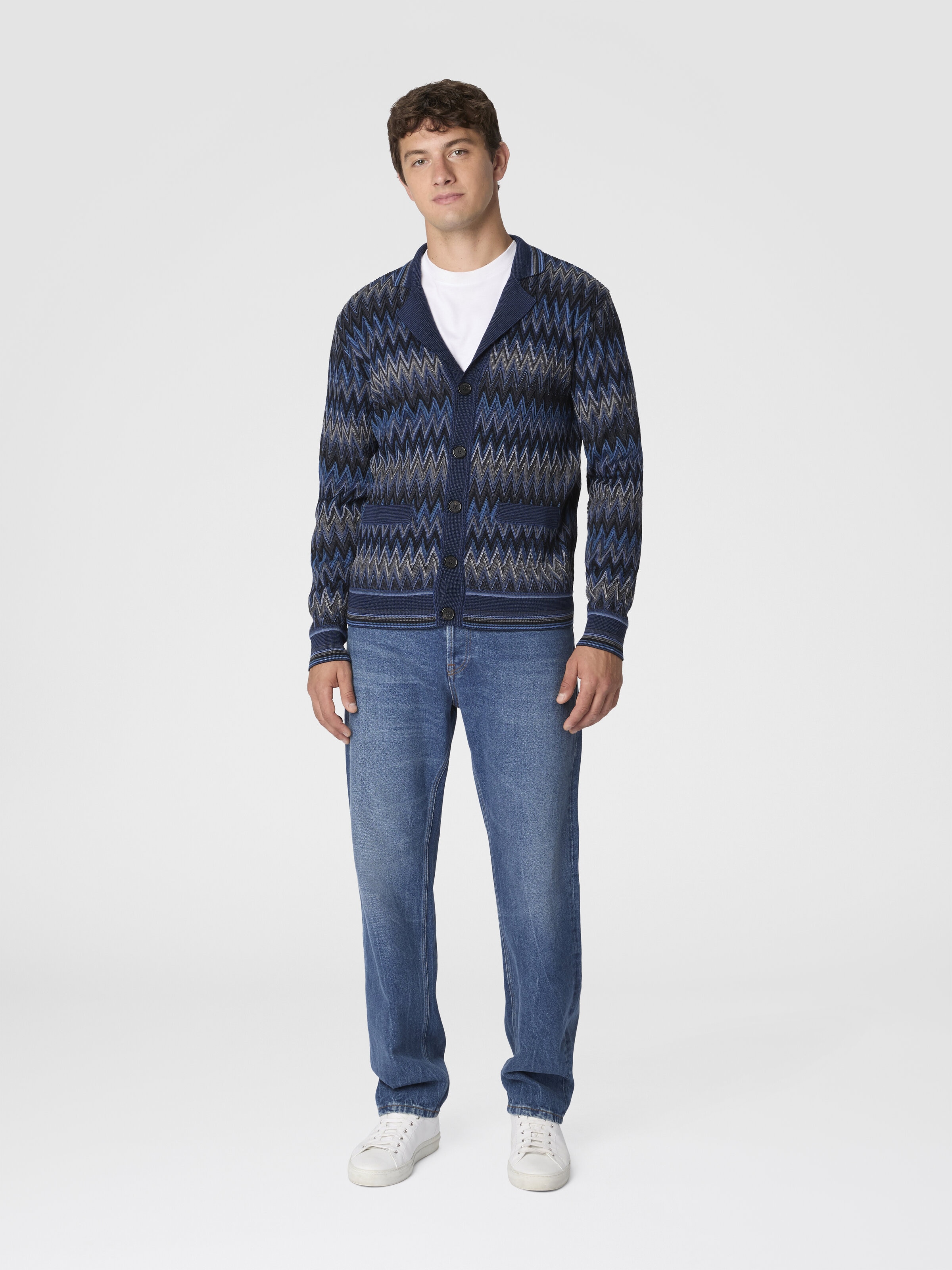 Zigzag Cardigan in Pure Wool, Blue & Grey - 1