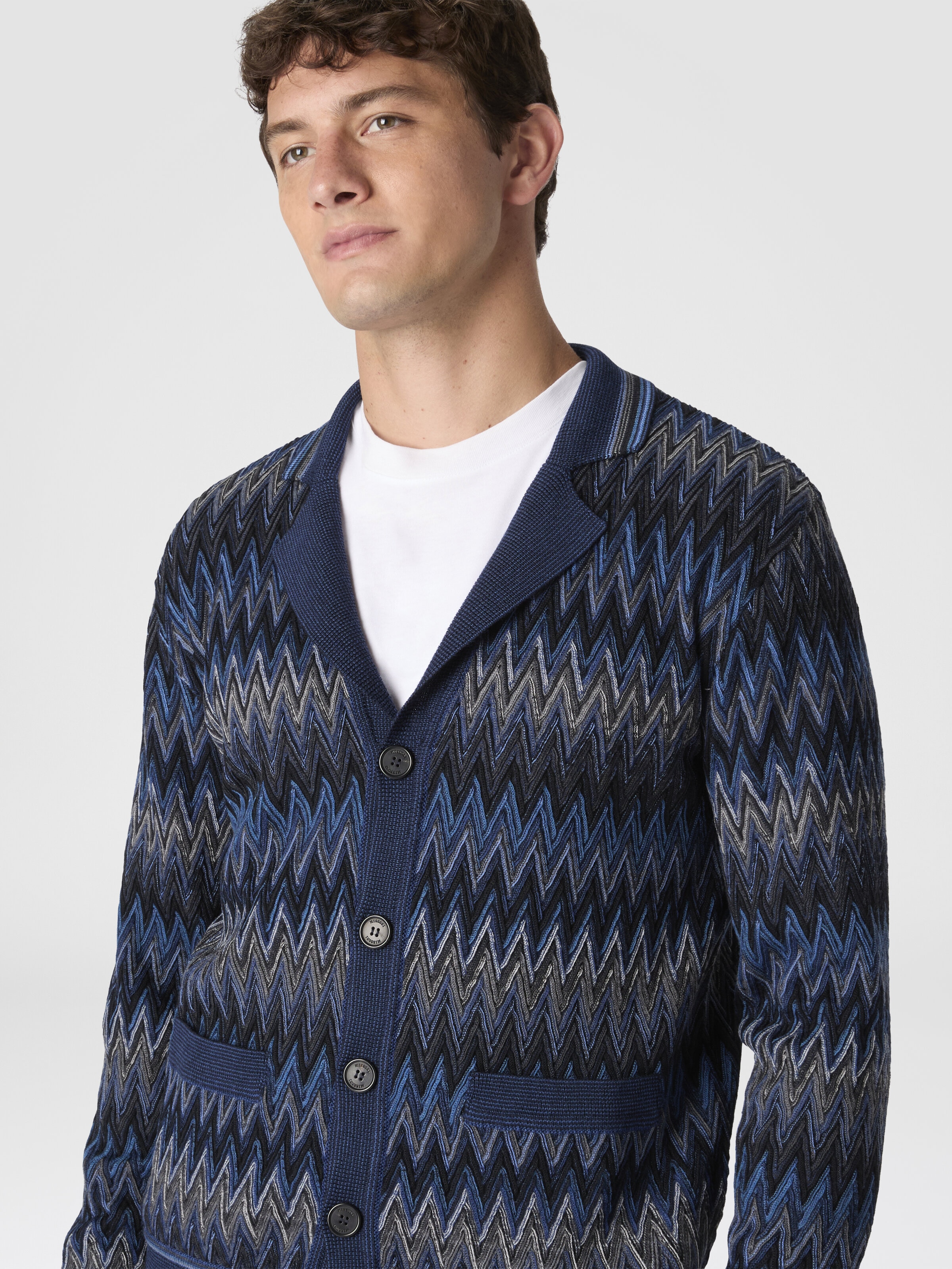 Zigzag Cardigan in Pure Wool, Blue & Grey - 3
