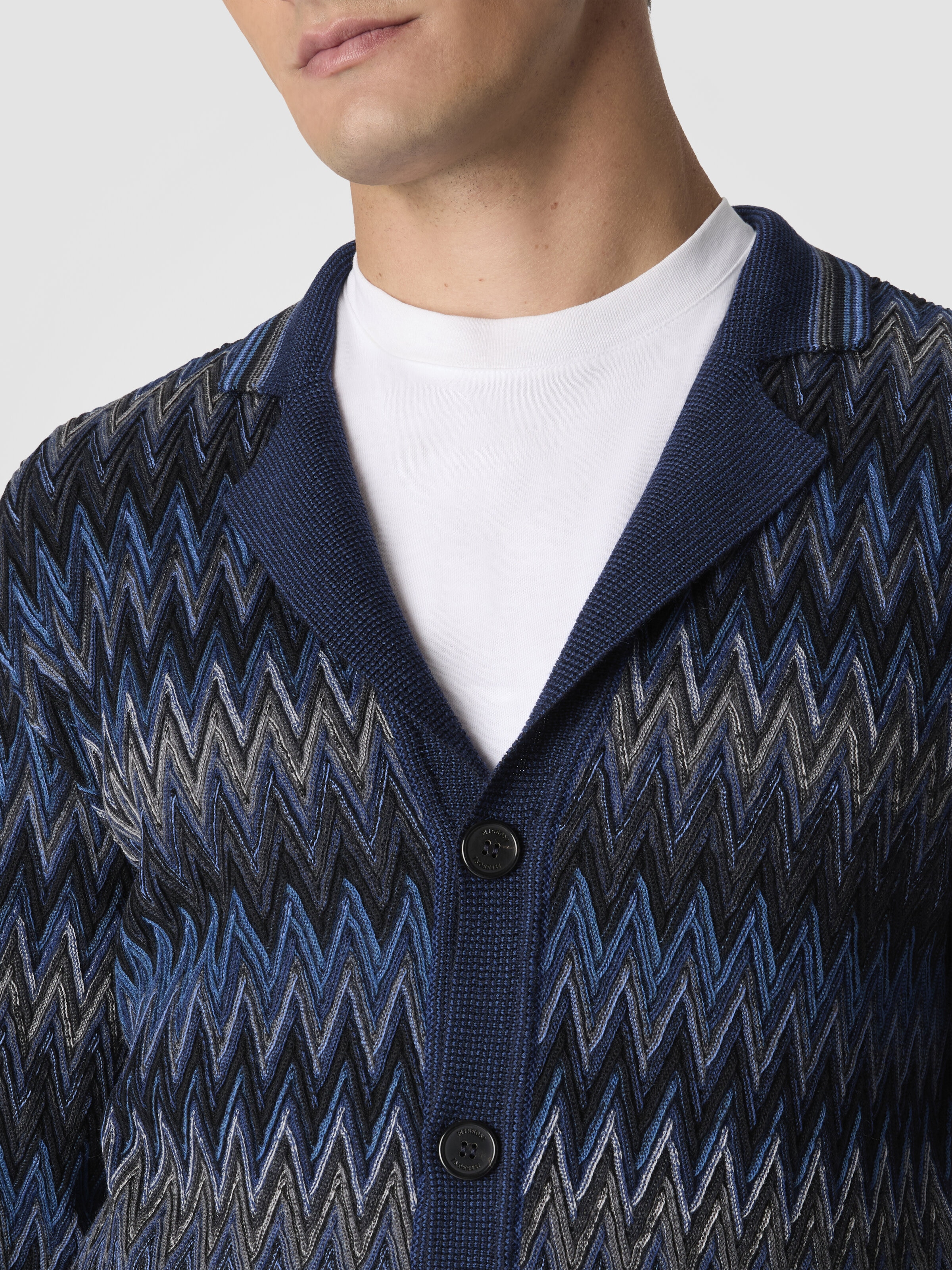 Zigzag Cardigan in Pure Wool, Blue & Grey - 4