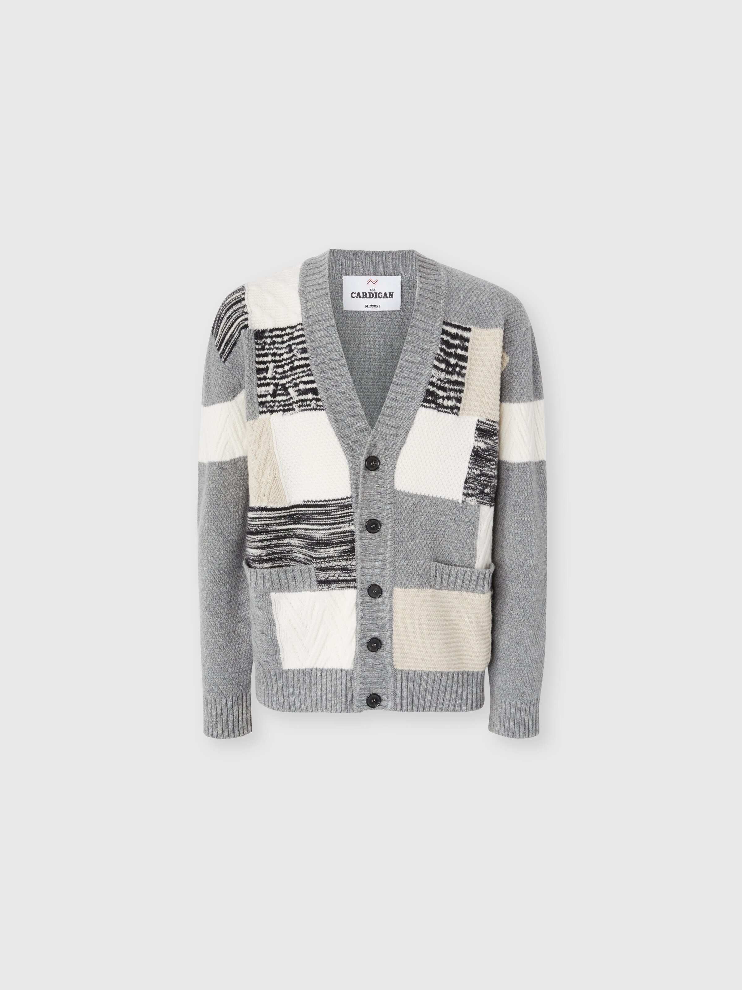 The Cardigan in Pure Wool with Flame and Zigzag Inserts, Beige & Grey - 0