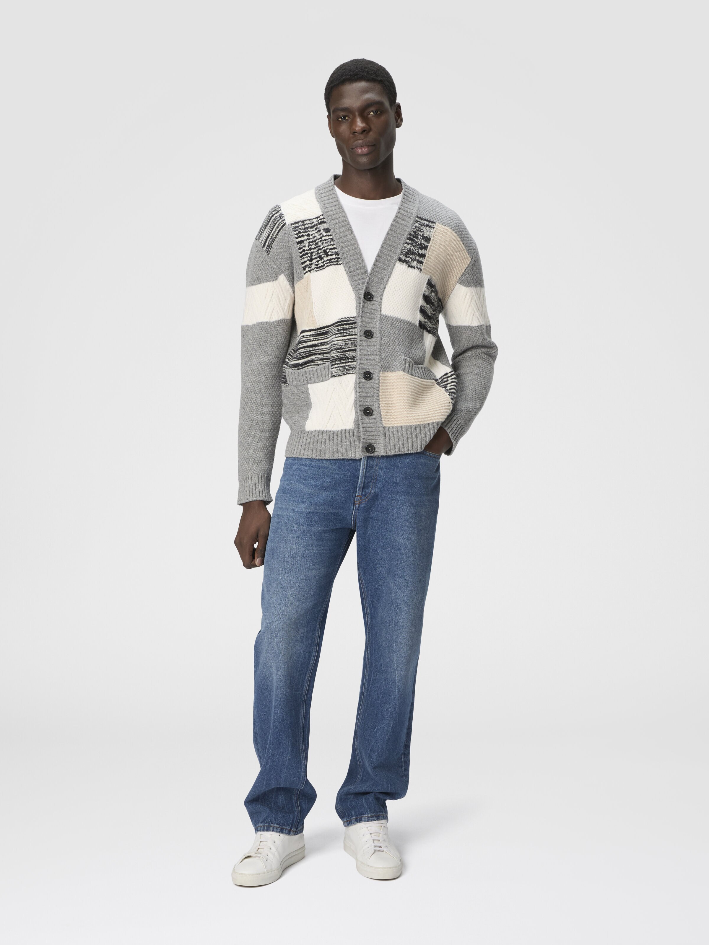 The Cardigan in Pure Wool with Flame and Zigzag Inserts, Beige & Grey - 1