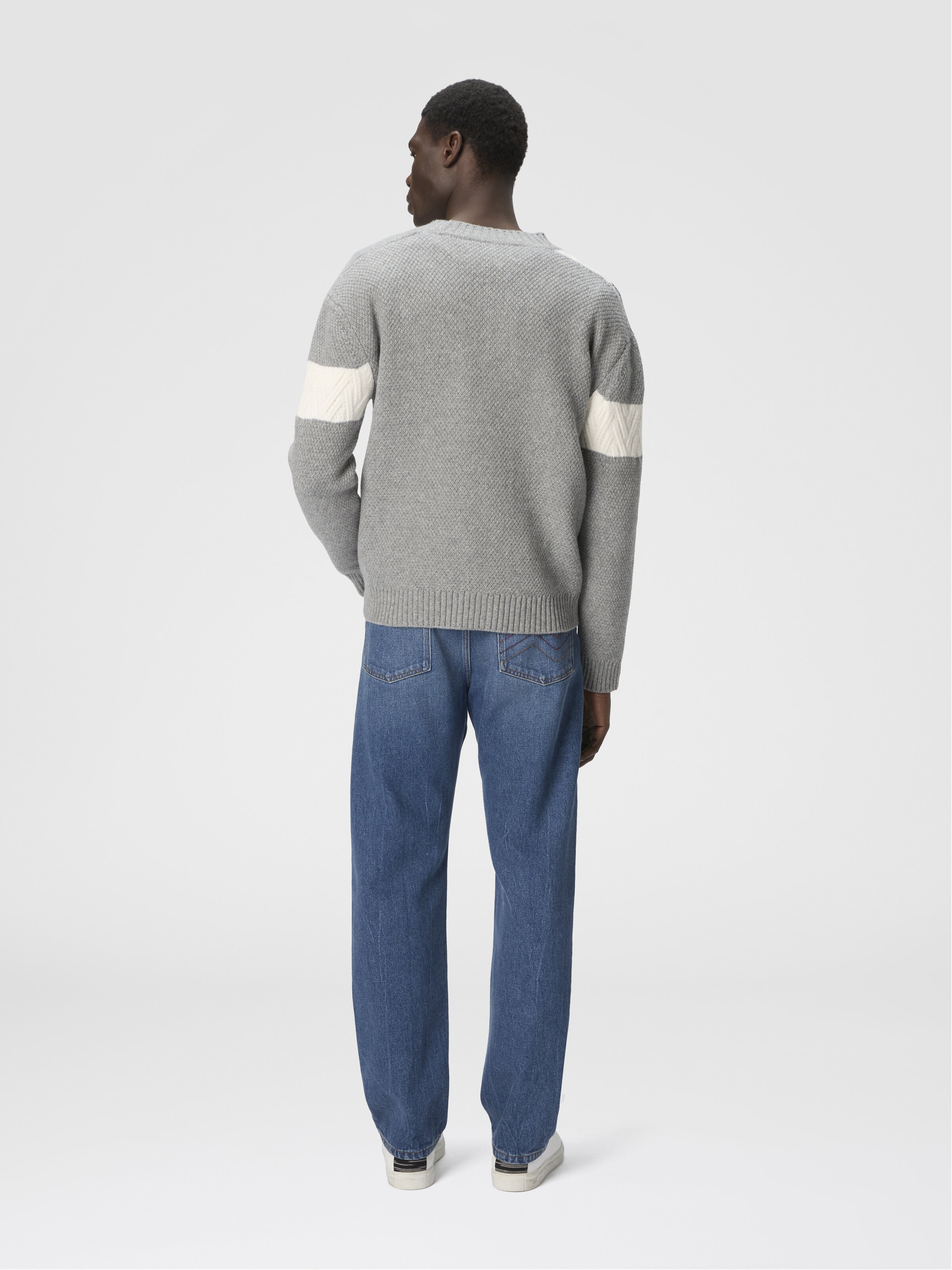 The Cardigan in Pure Wool with Flame and Zigzag Inserts, Beige & Grey - 2
