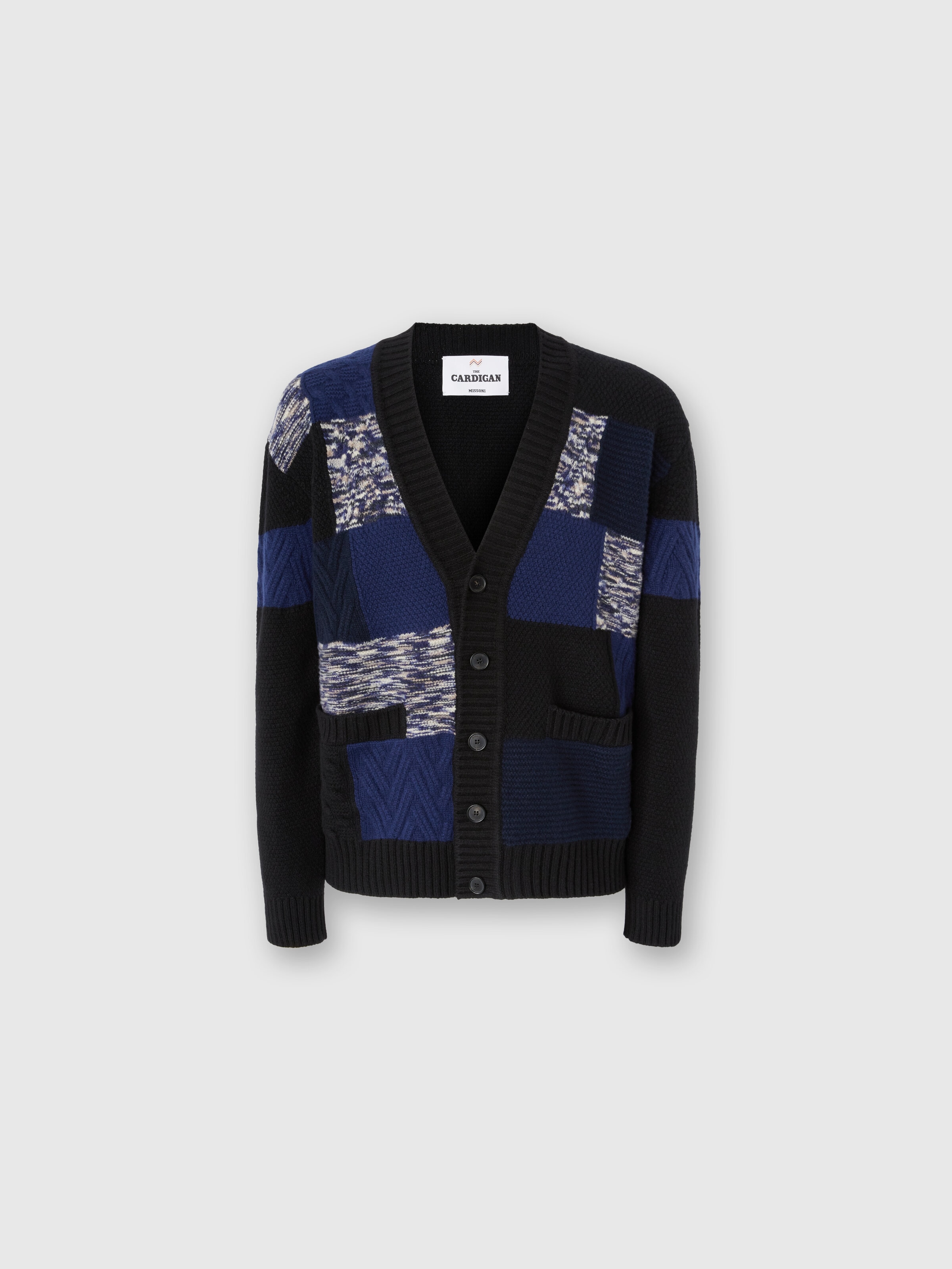 The Cardigan in Pure Wool with Flame and Zigzag Inserts, Navy Blue  - 0