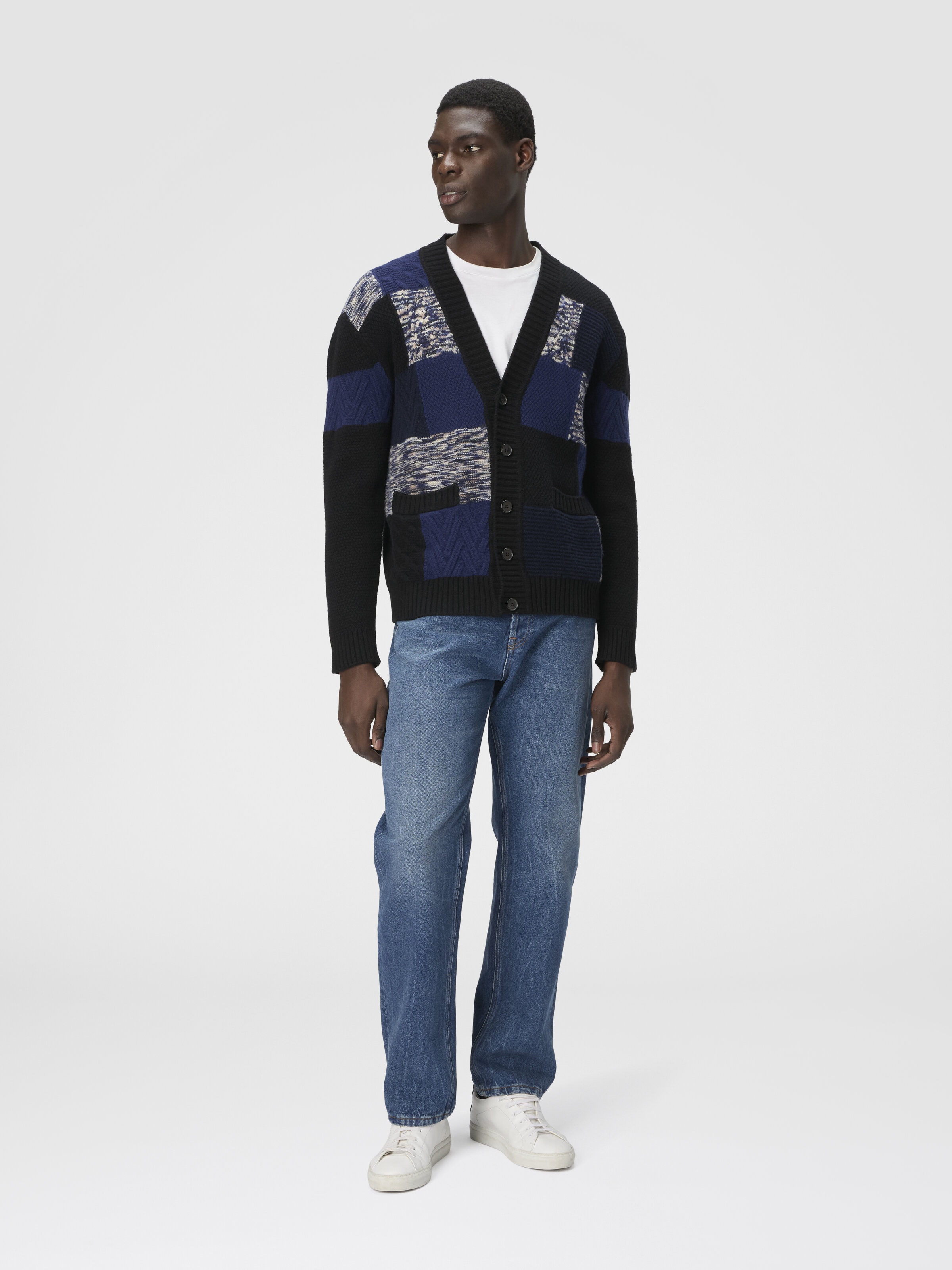 The Cardigan in Pure Wool with Flame and Zigzag Inserts, Navy Blue  - 1