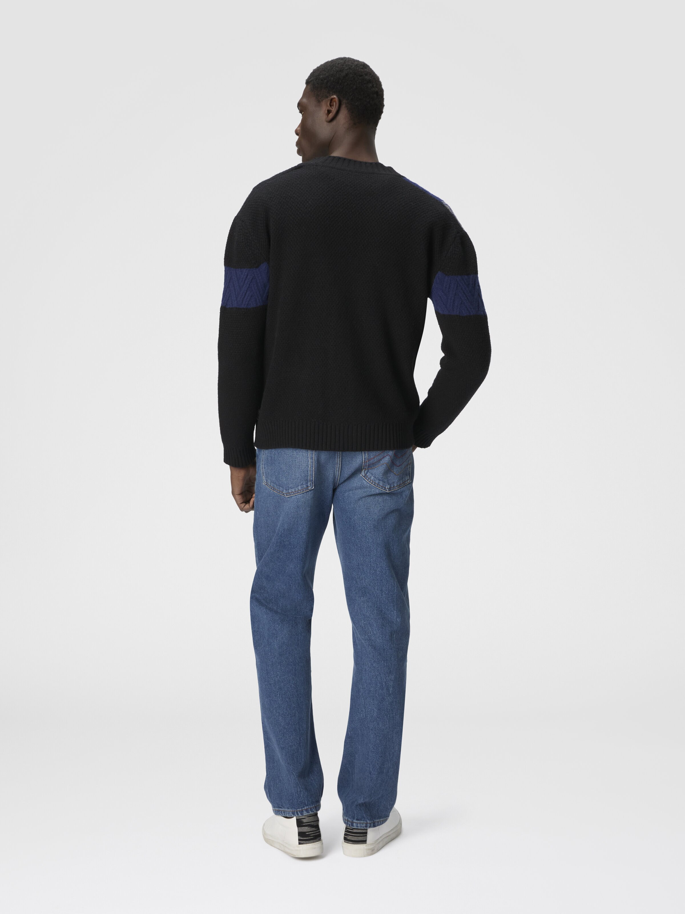 The Cardigan in Pure Wool with Flame and Zigzag Inserts, Navy Blue  - 2