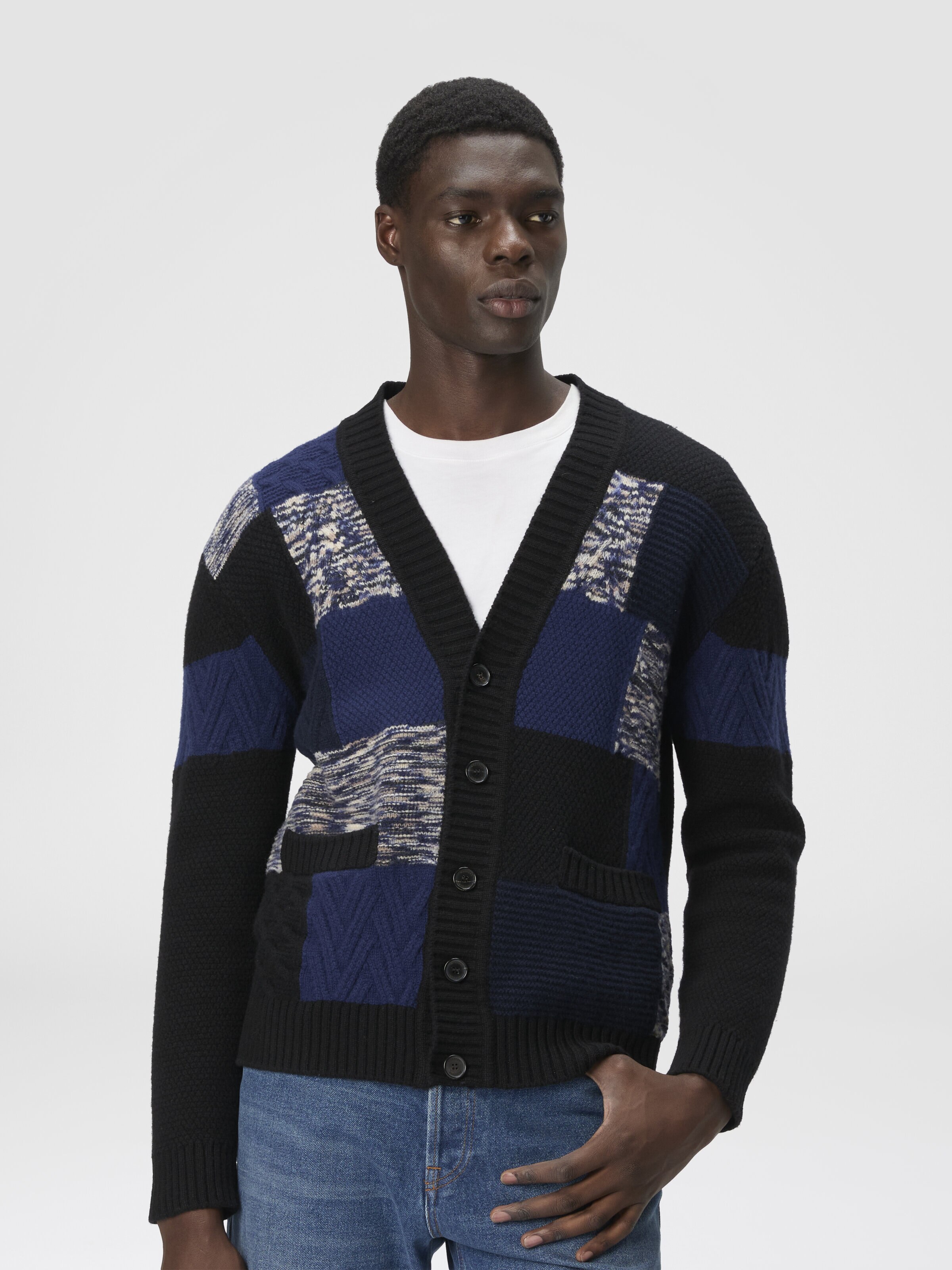 The Cardigan in Pure Wool with Flame and Zigzag Inserts, Navy Blue  - 3