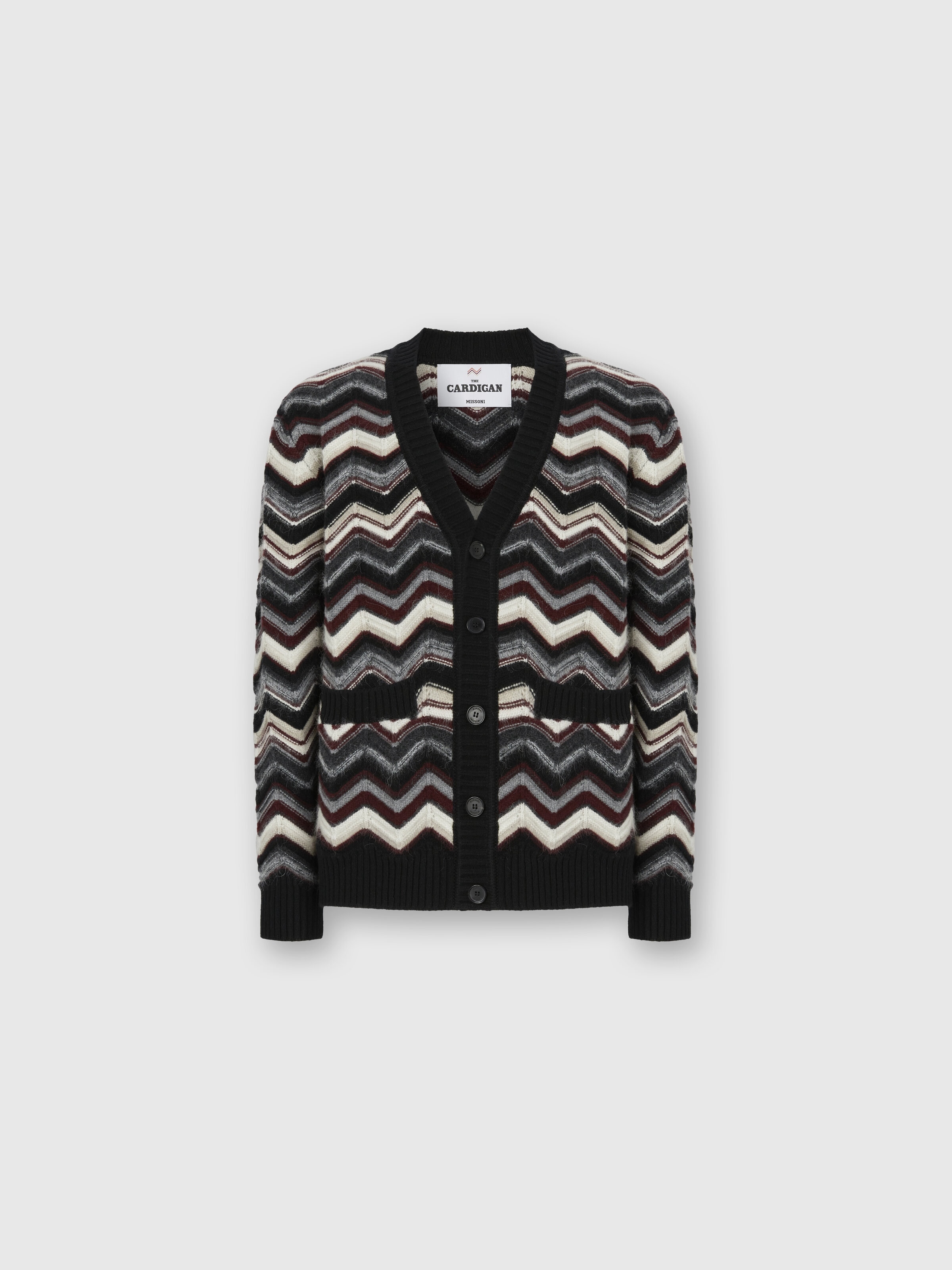 The Cardigan in Wool and Alpaca with Zigzag, Grey & Burgundy - 0