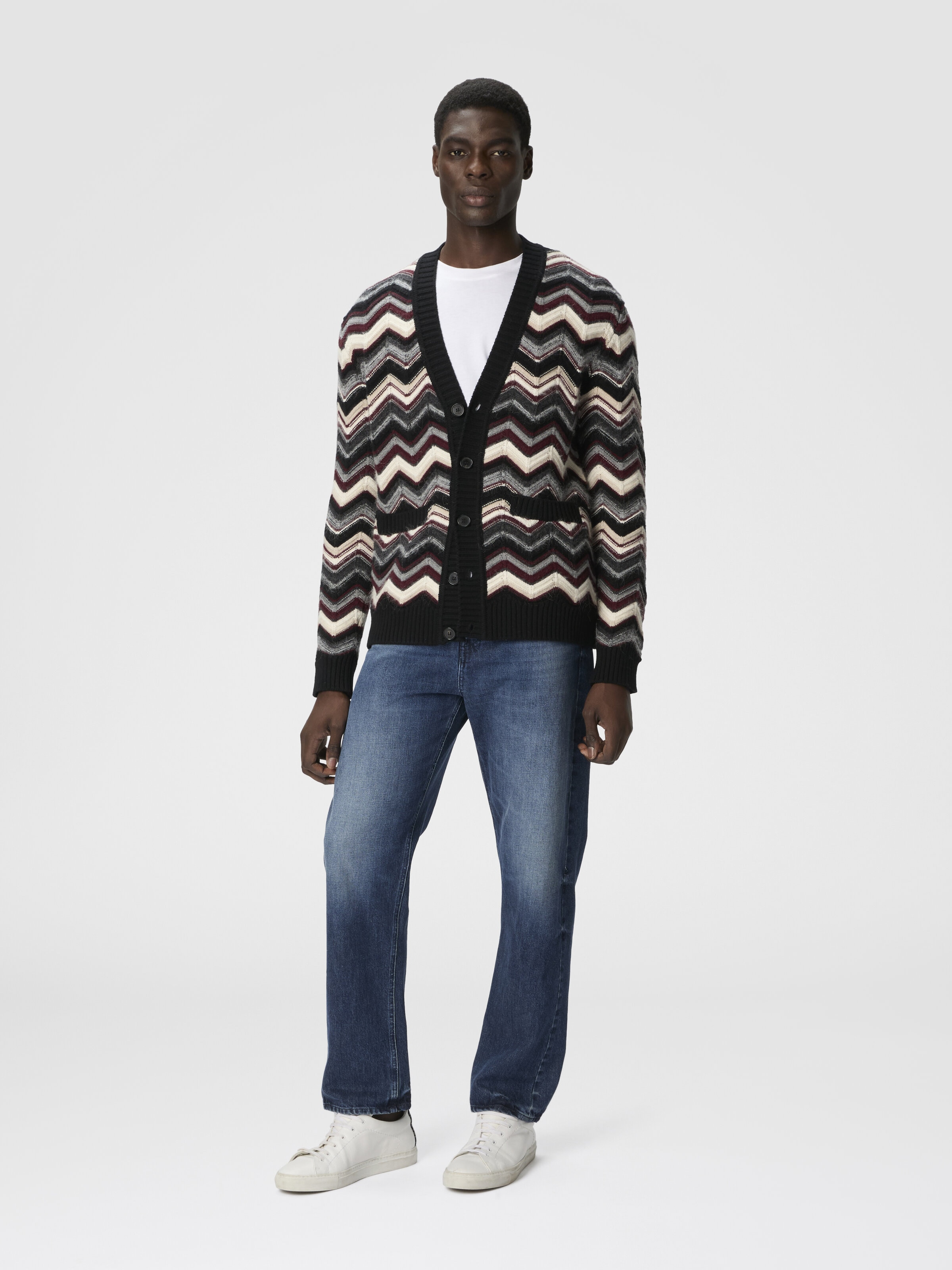 The Cardigan in Wool and Alpaca with Zigzag, Grey & Burgundy - 1