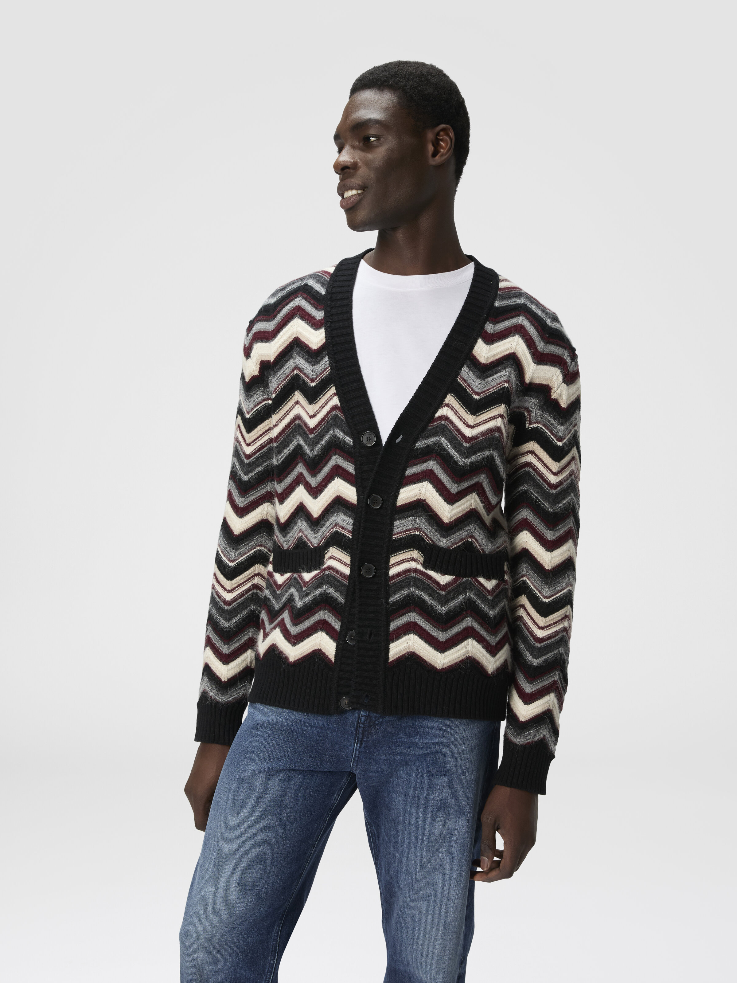 The Cardigan in Wool and Alpaca with Zigzag, Grey & Burgundy - 3