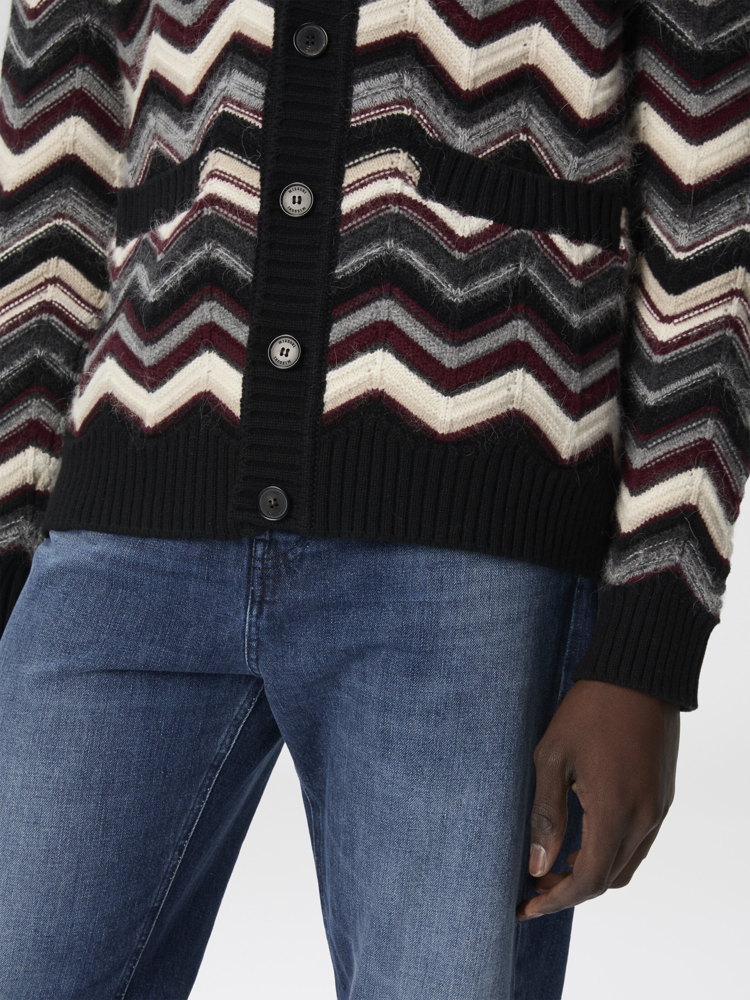 The Cardigan in Wool and Alpaca with Zigzag, Grey & Burgundy - 4