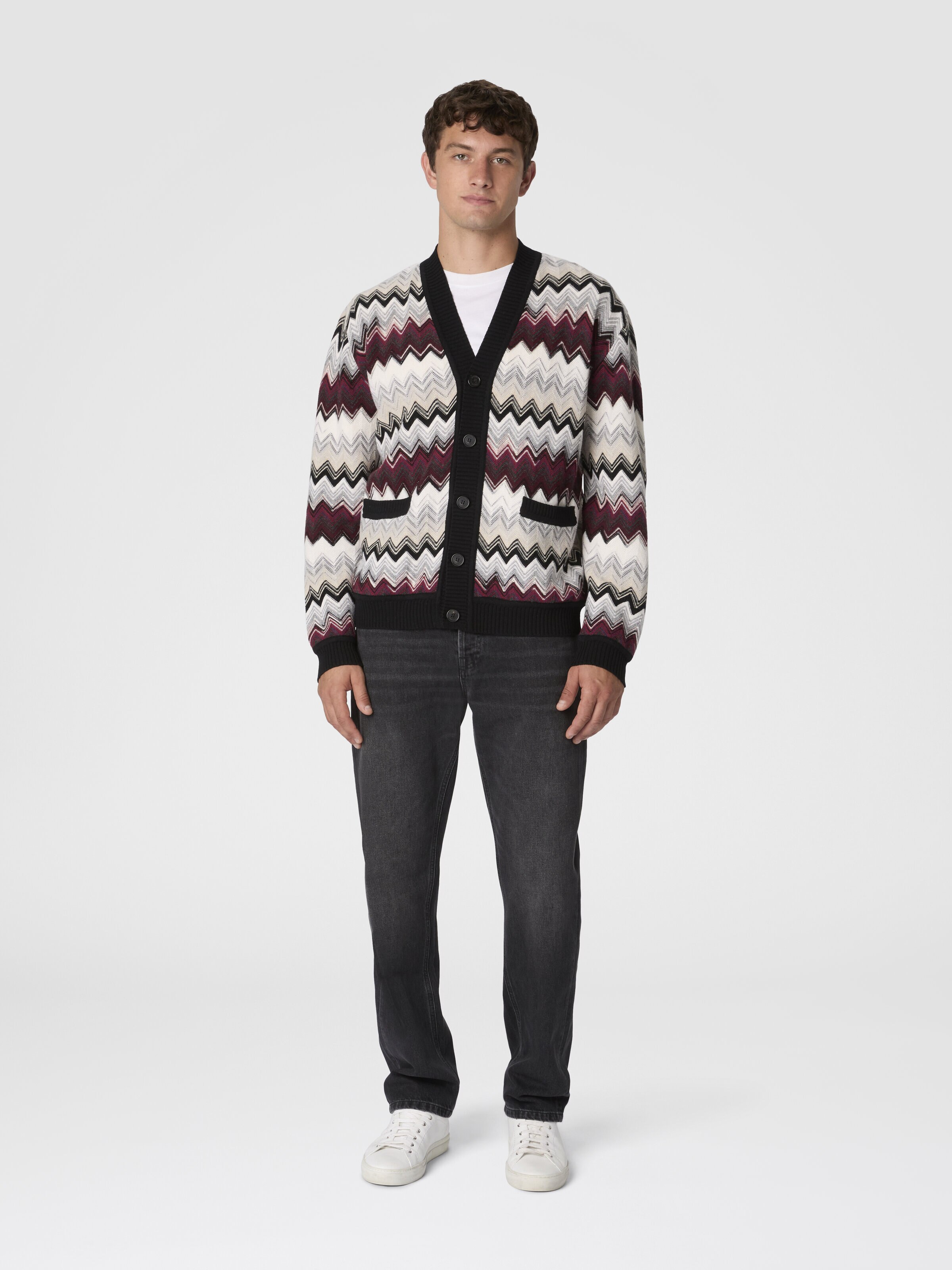 The Cardigan in Wool and Cotton with Zigzag, Beige & Burgundy - 1