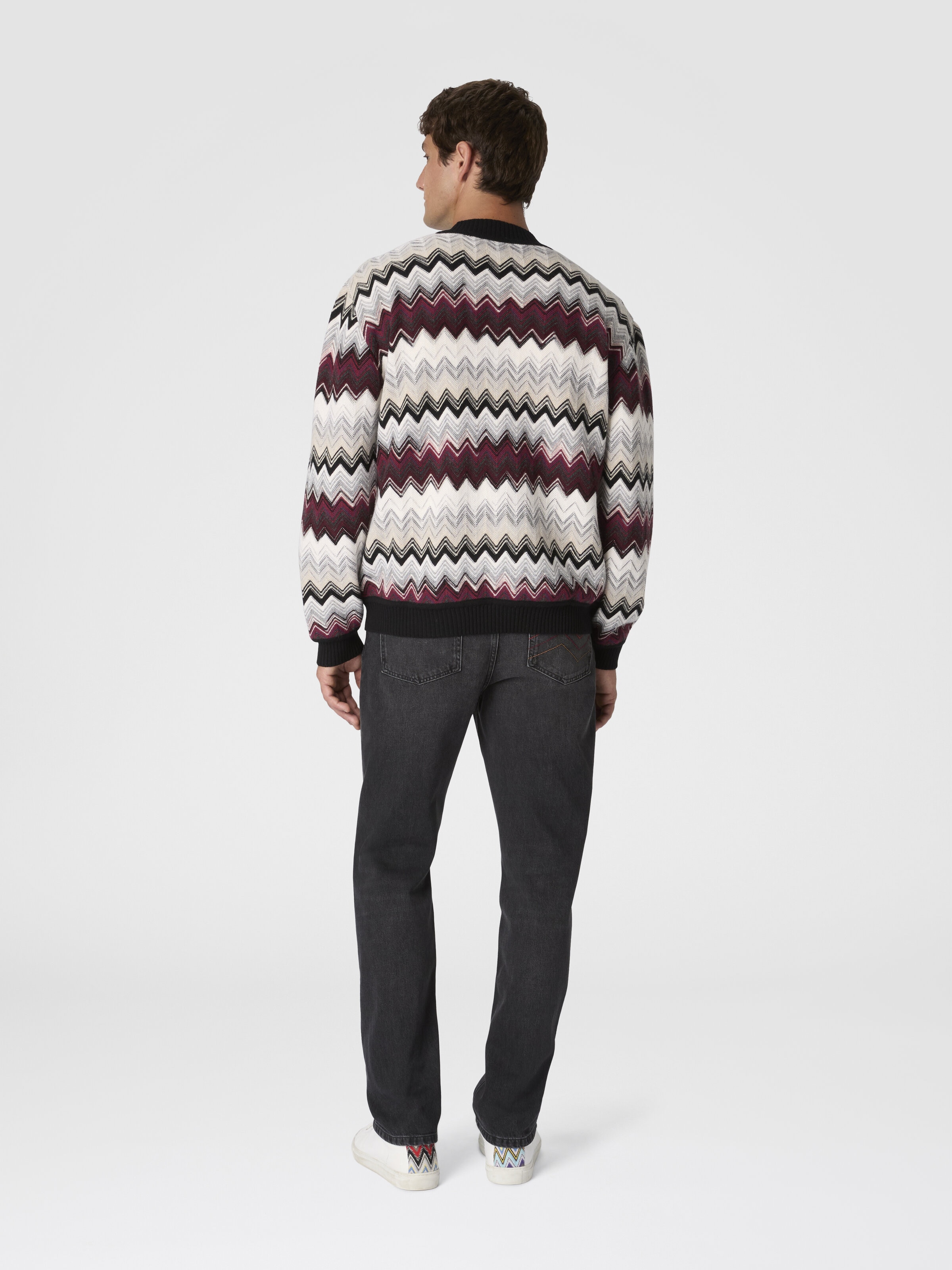 The Cardigan in Wool and Cotton with Zigzag, Beige & Burgundy - 2