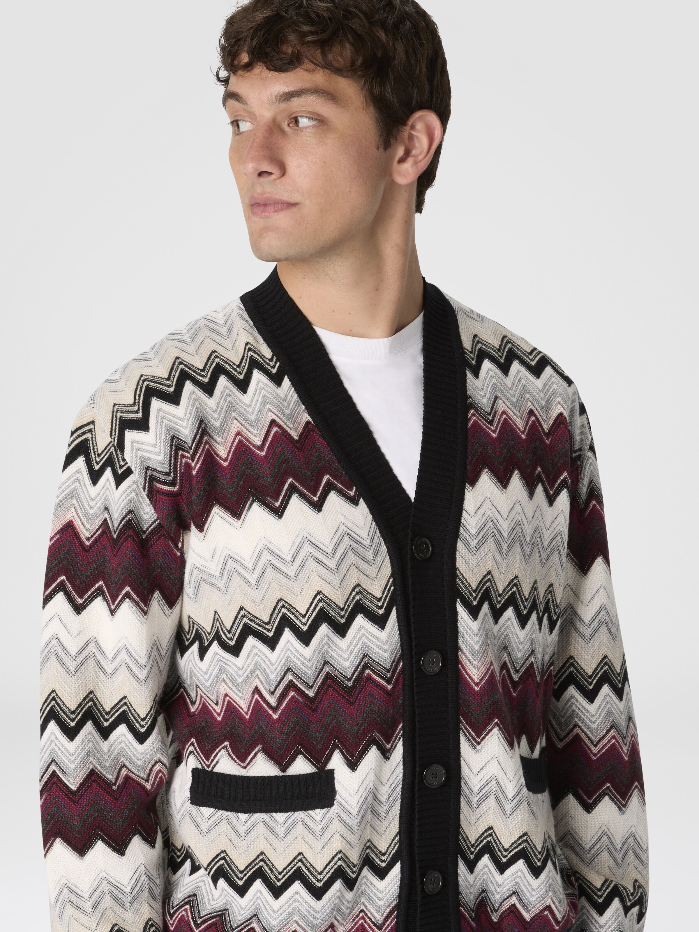 The Cardigan in Wool and Cotton with Zigzag, Beige & Burgundy - 3