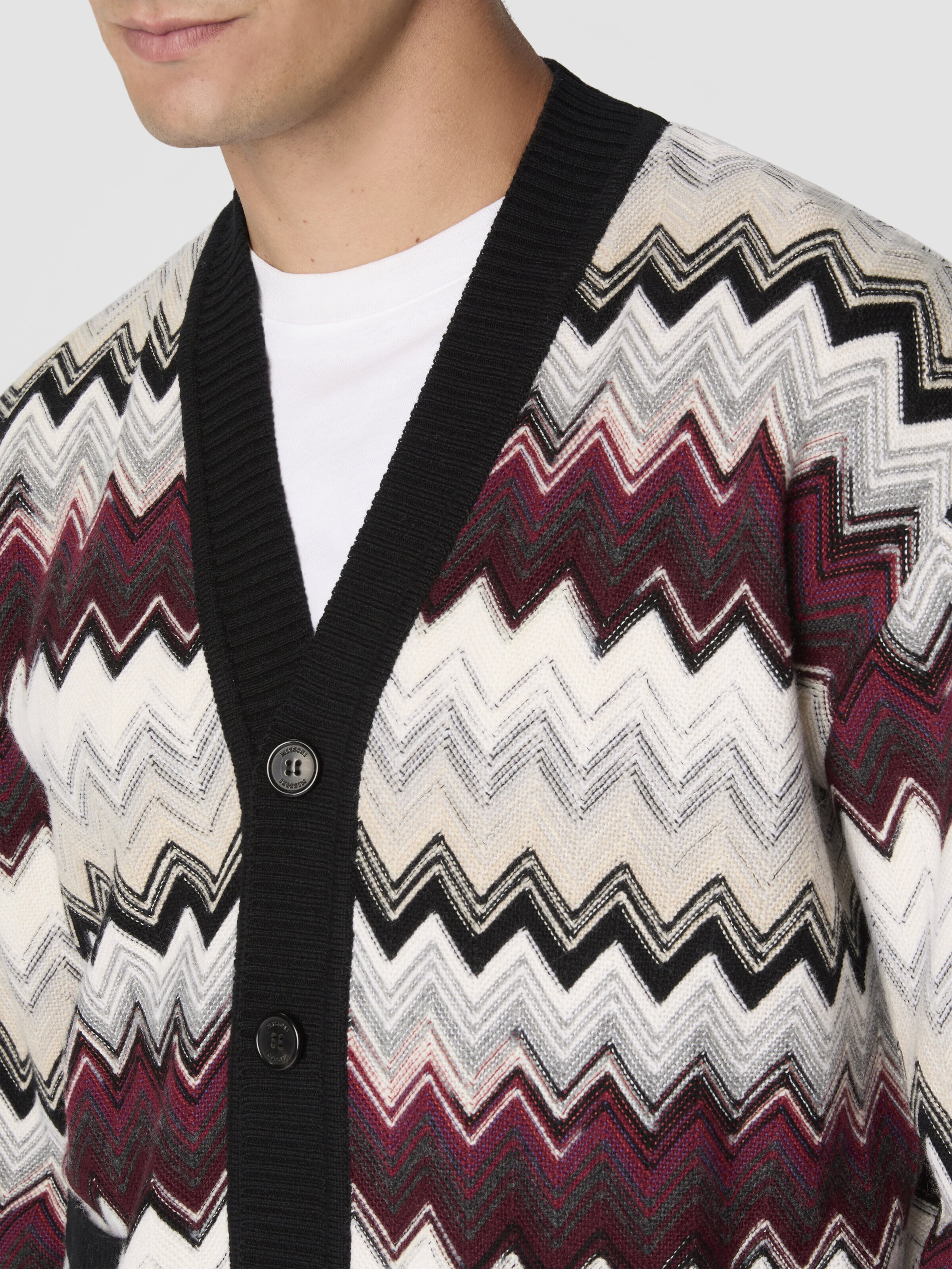 The Cardigan in Wool and Cotton with Zigzag, Beige & Burgundy - 4
