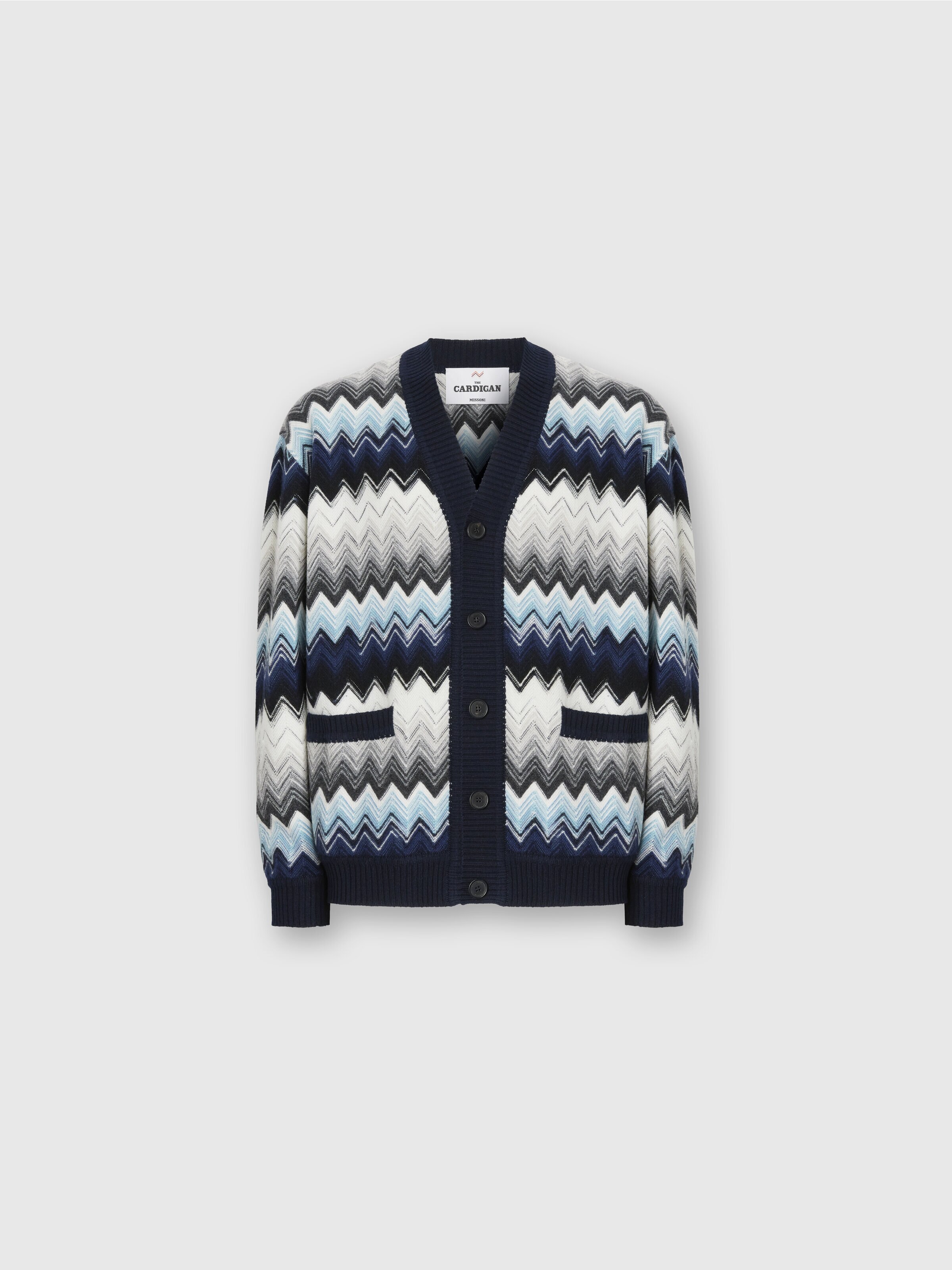 Cardigan aus Wolle und Baumwolle mit Zickzackmuster, Schwarz & Blau - 0