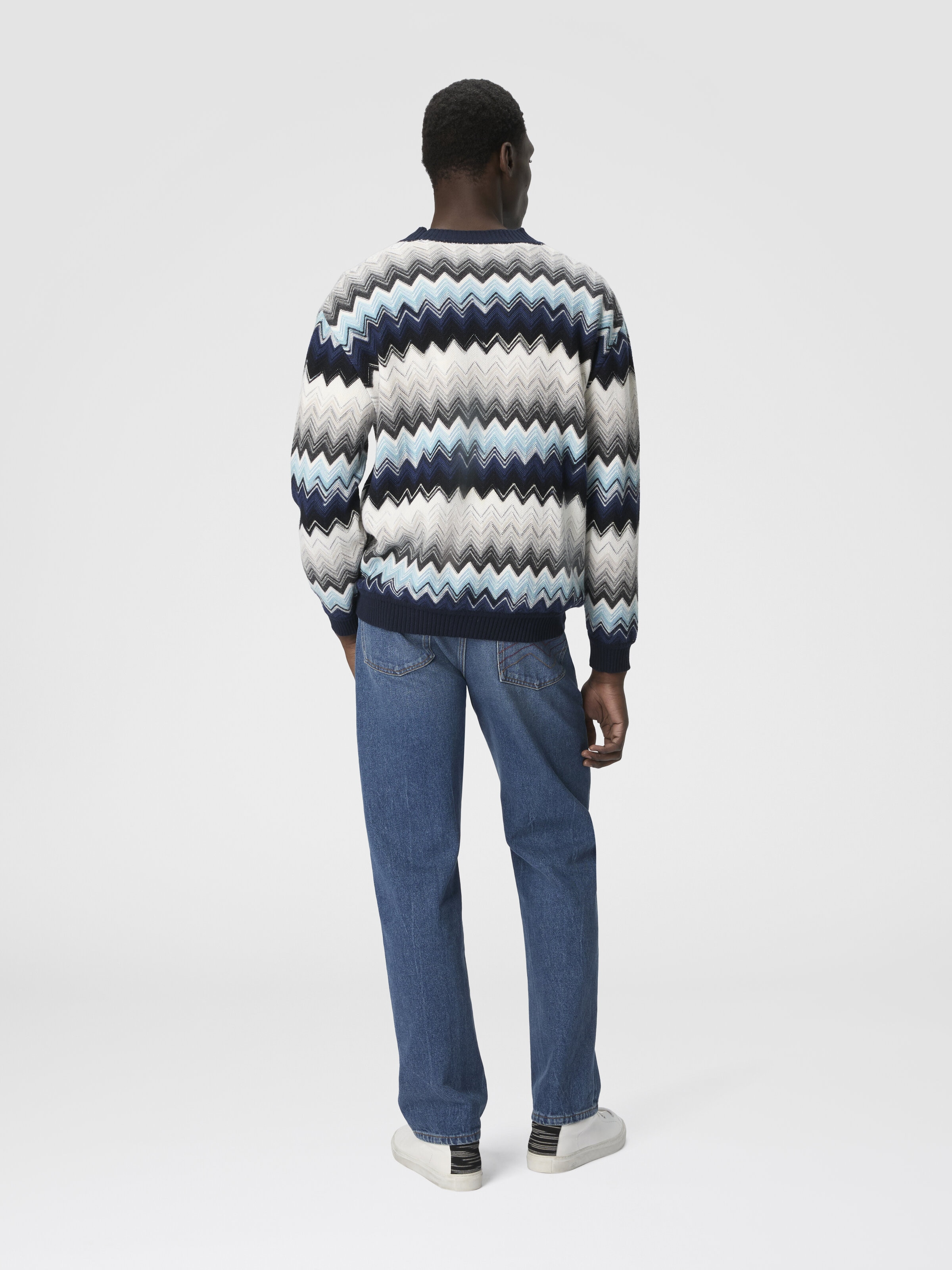 Cardigan aus Wolle und Baumwolle mit Zickzackmuster, Schwarz & Blau - 2