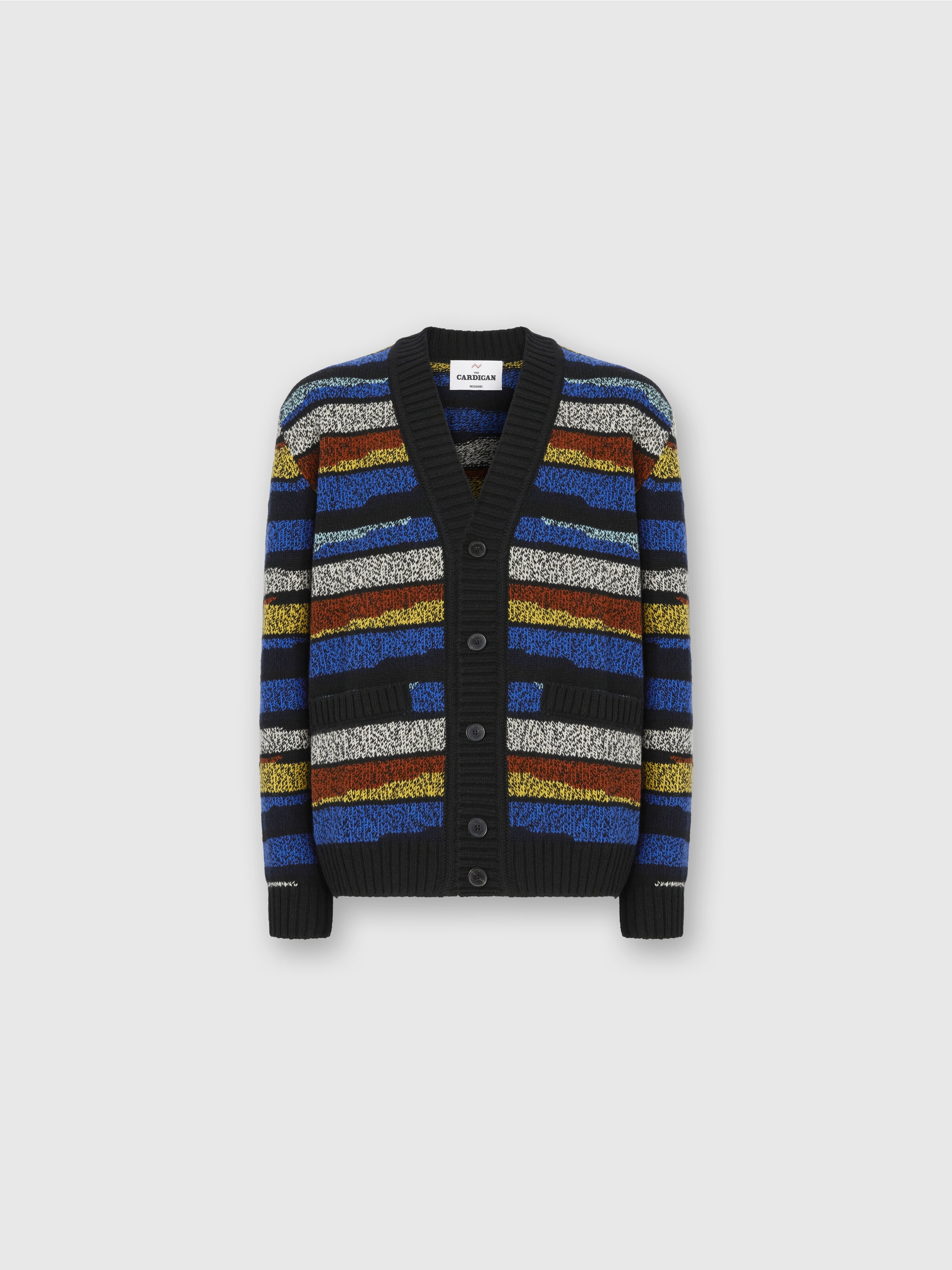 The Cardigan in Pure Wool with Inlay, Multicoloured  - 0