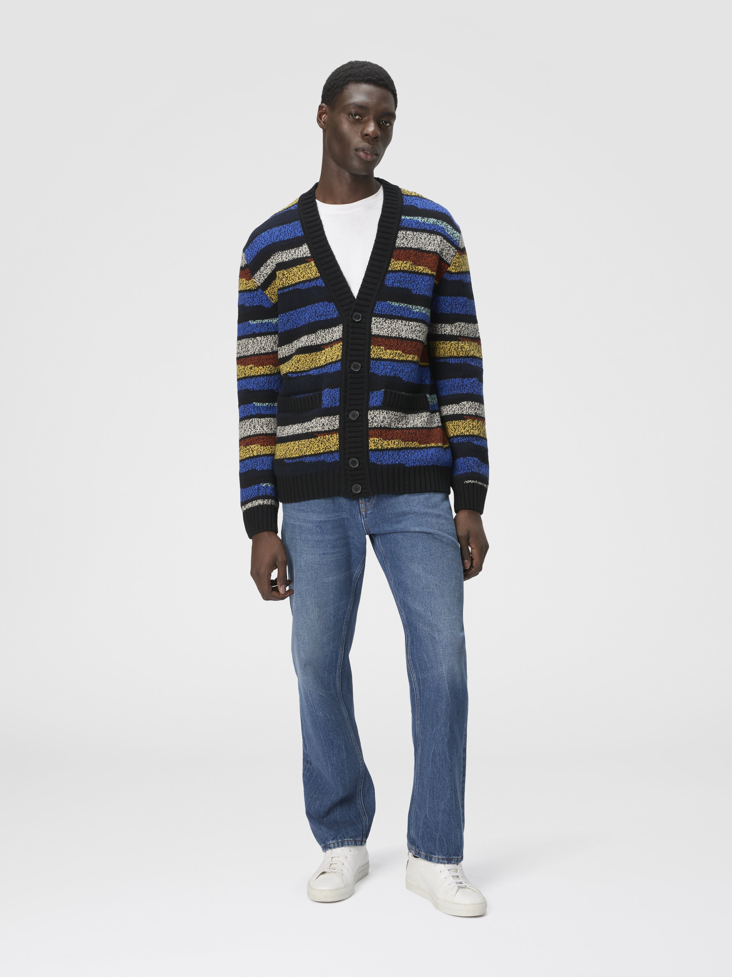 The Cardigan in Pure Wool with Inlay, Multicoloured  - 1