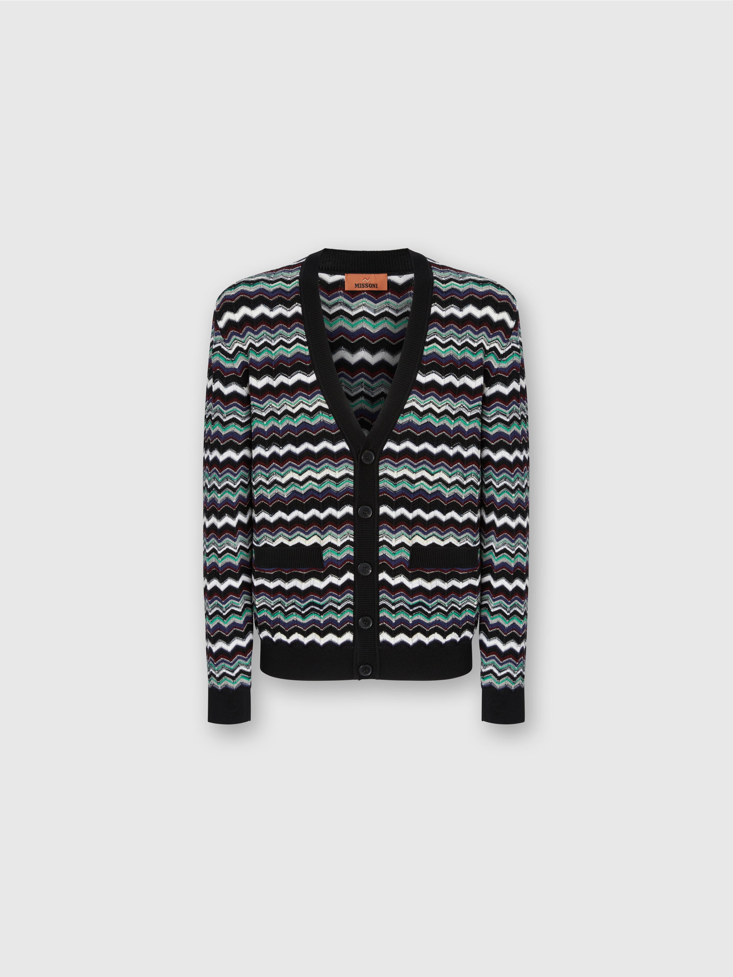 Cardigan in Wool-Cotton Blend with Zigzag, Blue & Green - 0