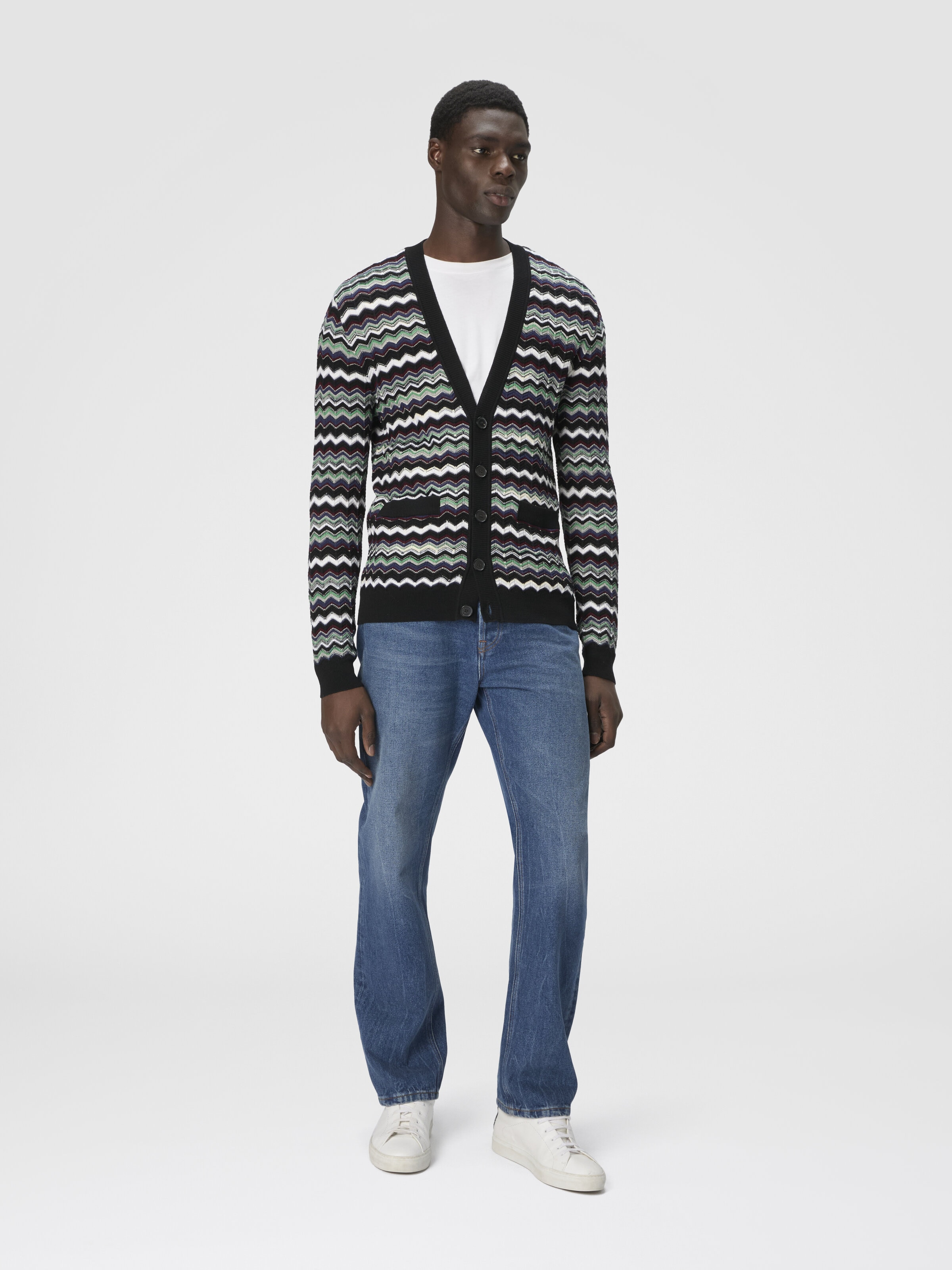 Cardigan in Wool-Cotton Blend with Zigzag, Blue & Green - 1