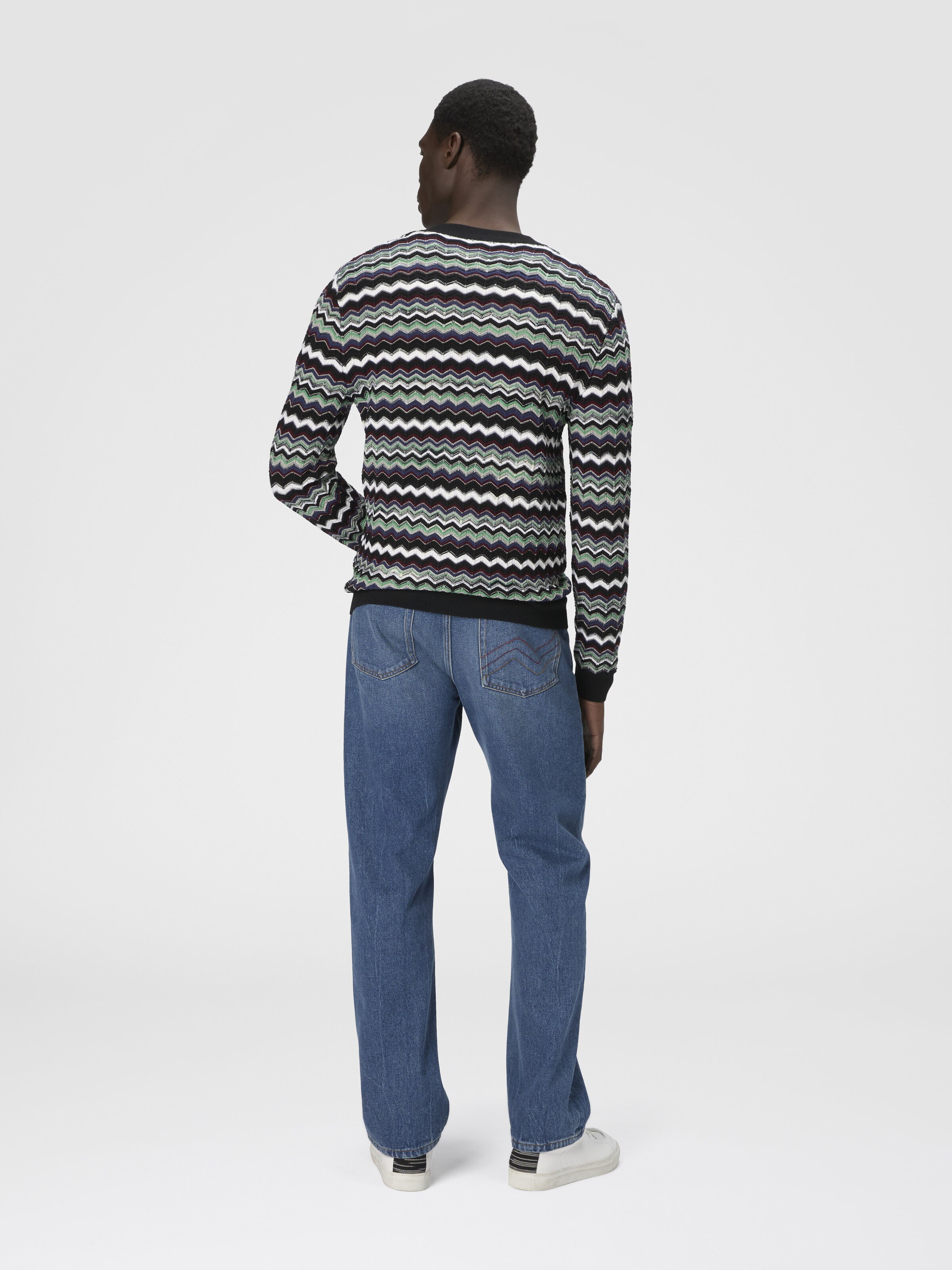 Cardigan in Wool-Cotton Blend with Zigzag, Blue & Green - 2
