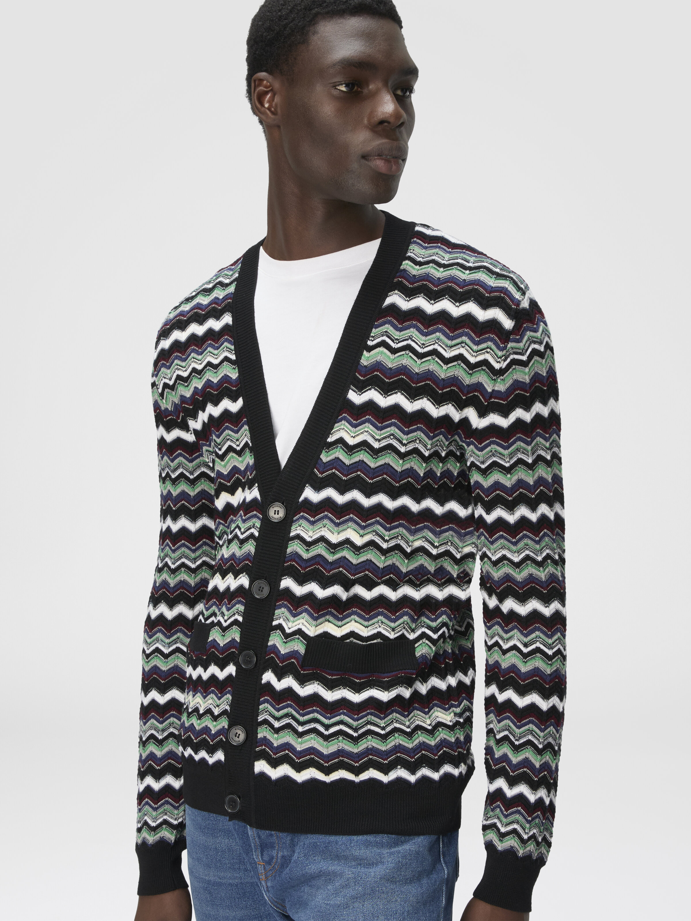 Cardigan in Wool-Cotton Blend with Zigzag, Blue & Green - 3