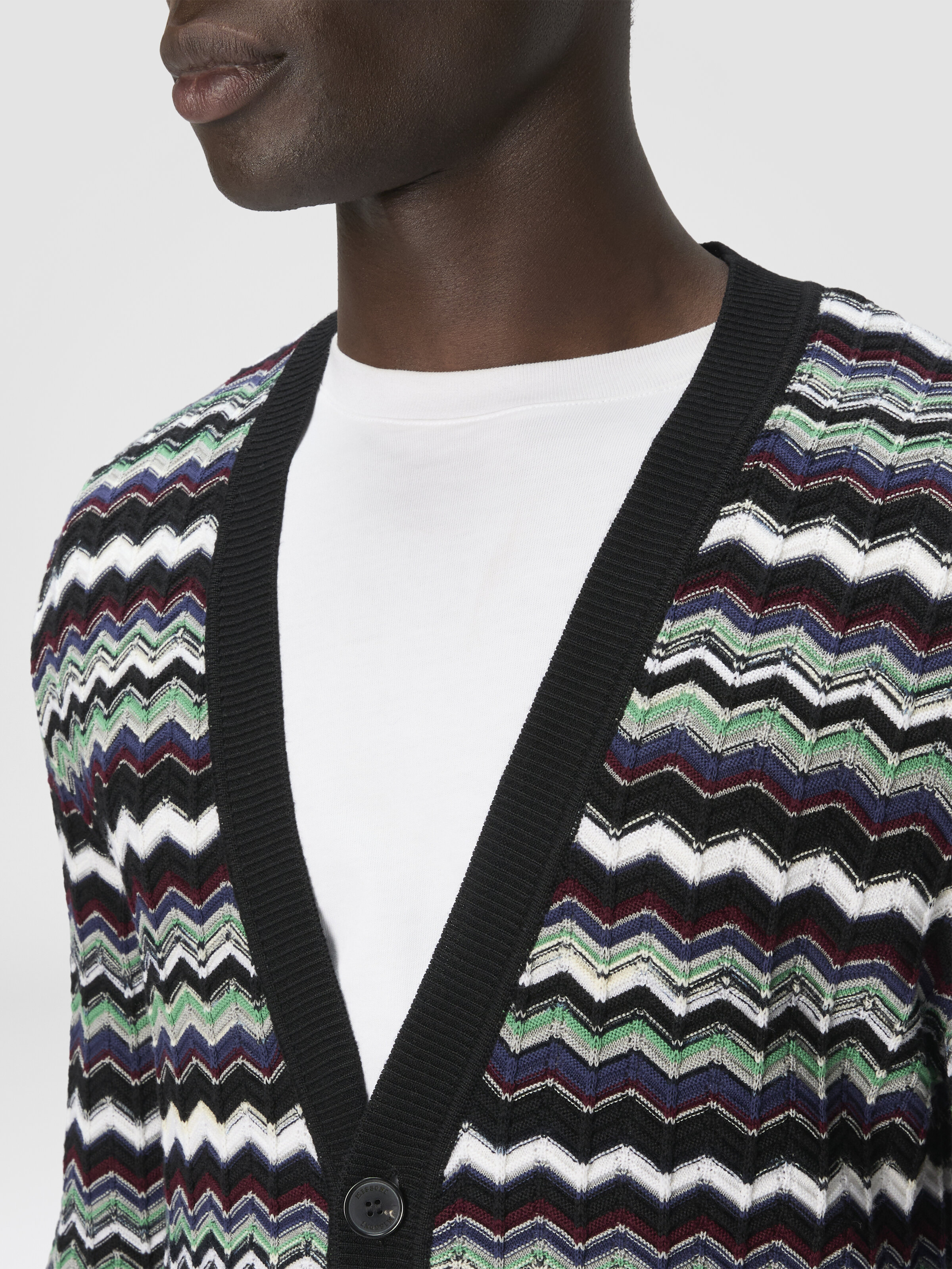 Cardigan in Wool-Cotton Blend with Zigzag, Blue & Green - 4