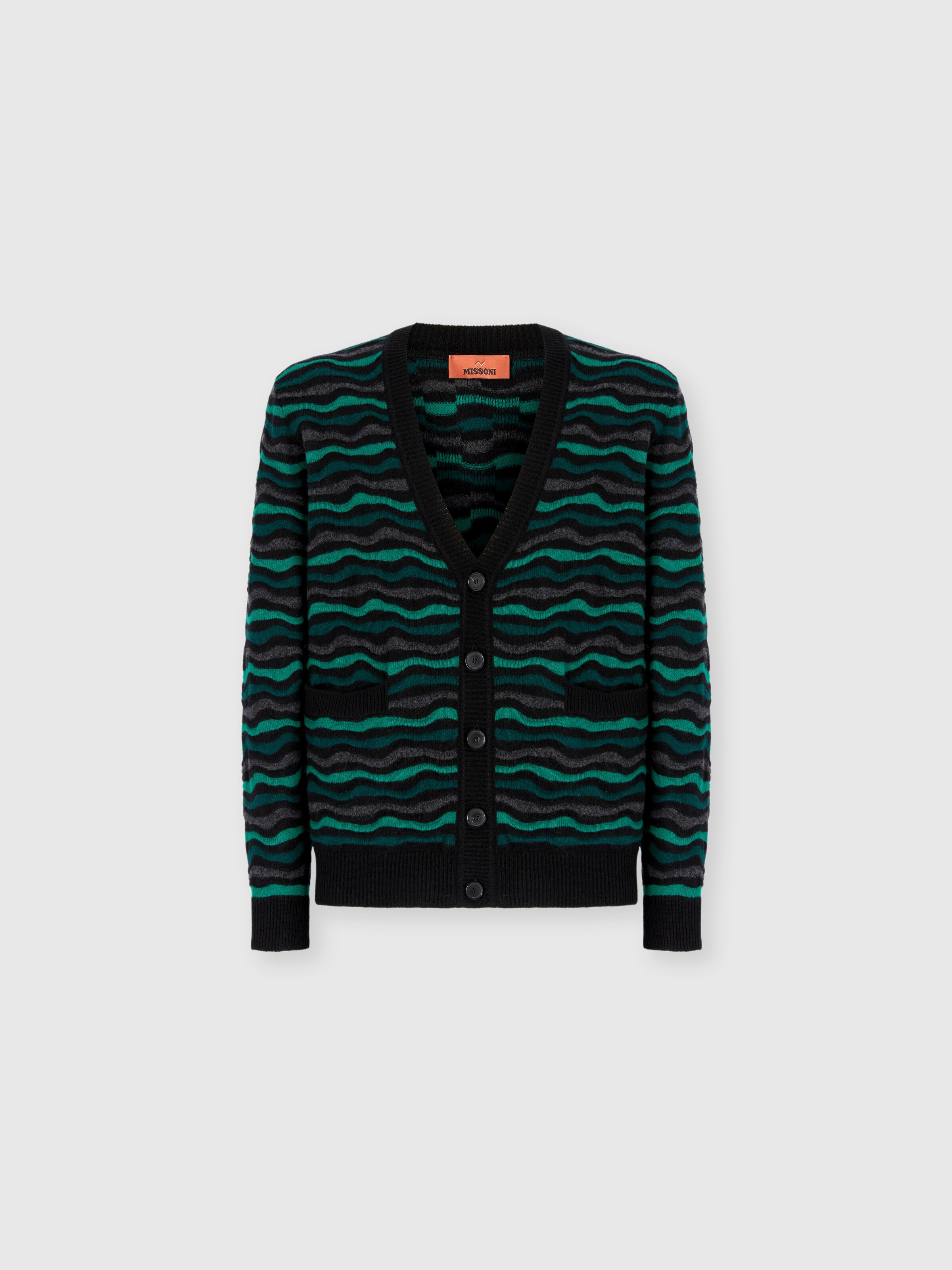 Cardigan in Pure Wool with Wave Stitch, Green - 0