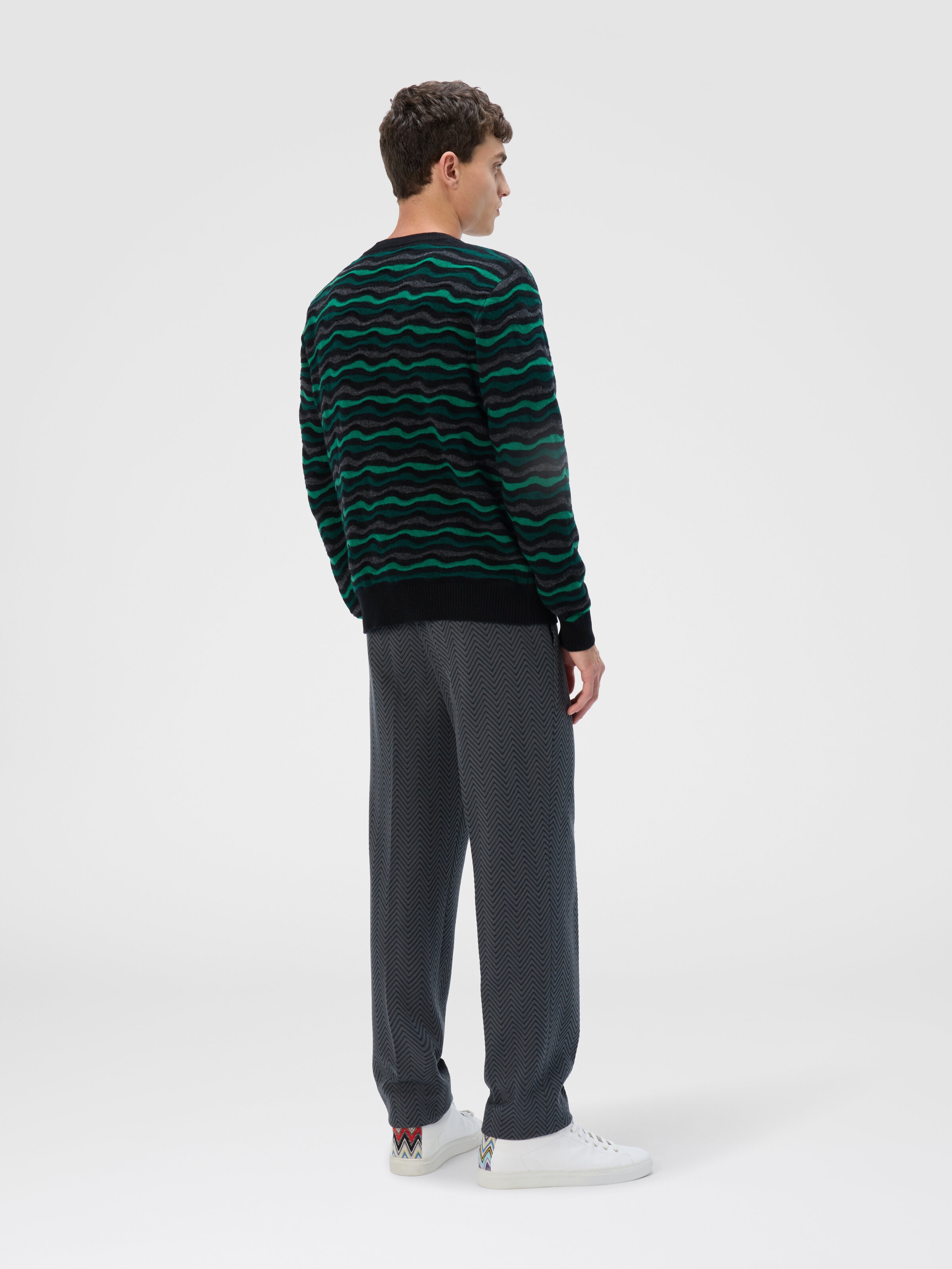 Cardigan in Pure Wool with Wave Stitch, Green - 2