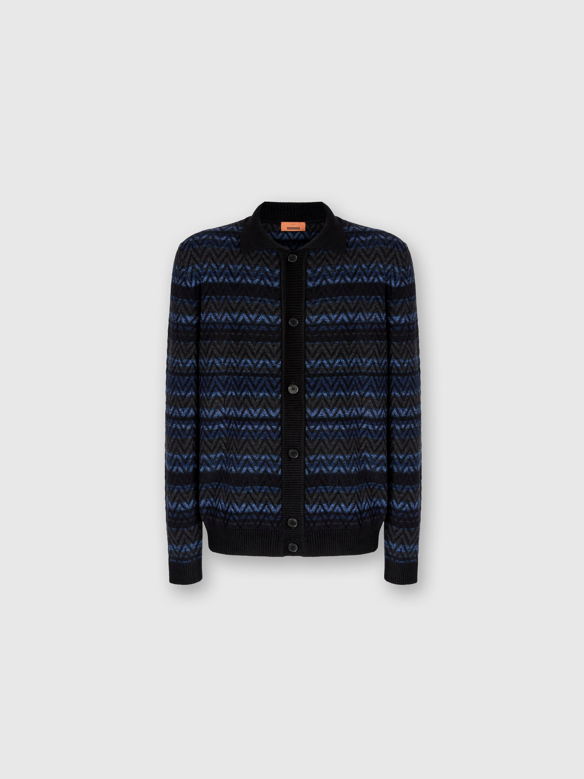 Cardigan with Zigzag and Stripe Pattern, Black & Blue - 0