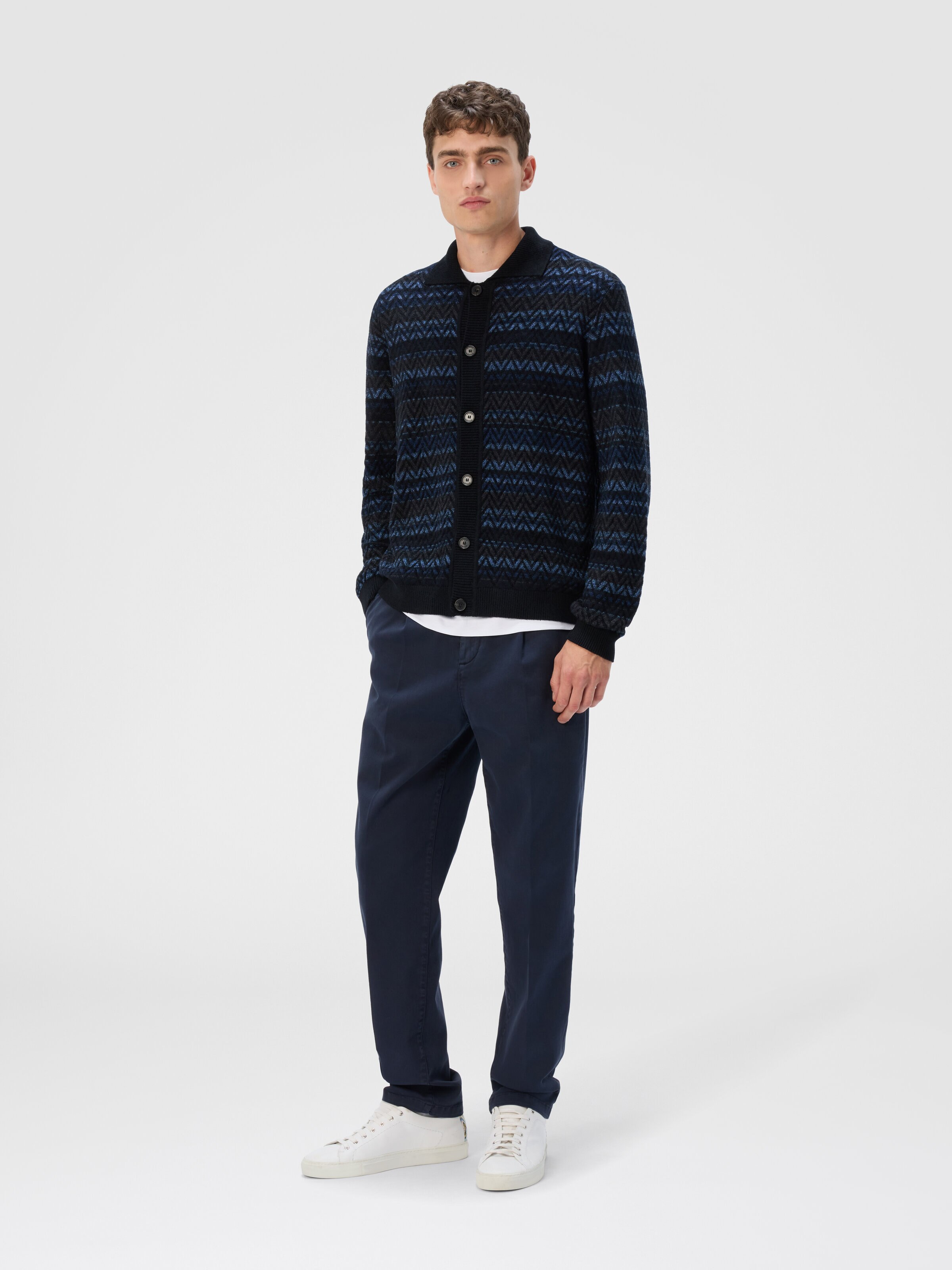 Cardigan with Zigzag and Stripe Pattern, Black & Blue - 1