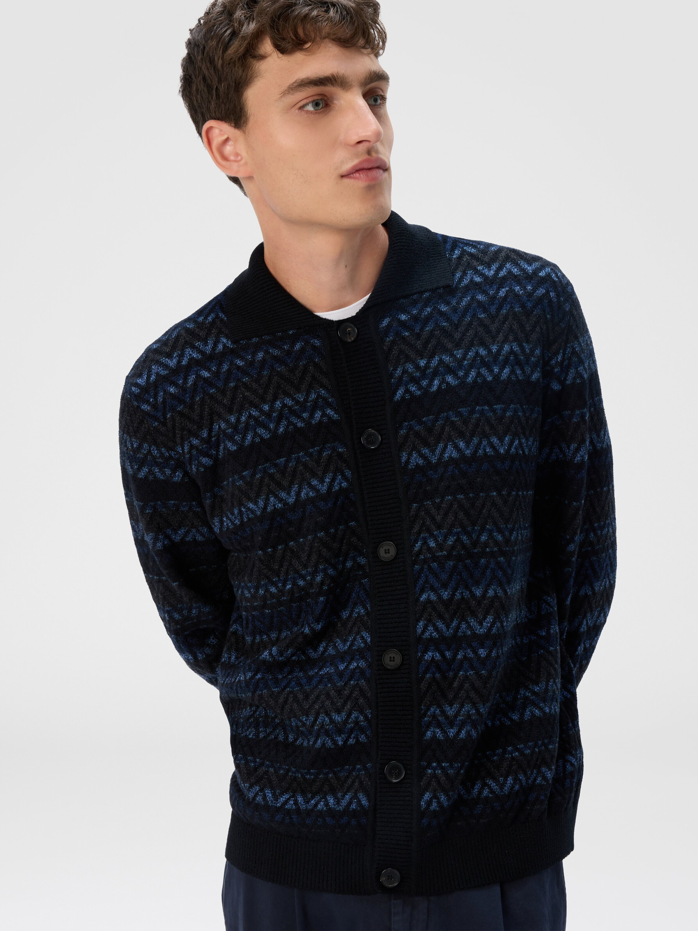 Cardigan with Zigzag and Stripe Pattern, Black & Blue - 3