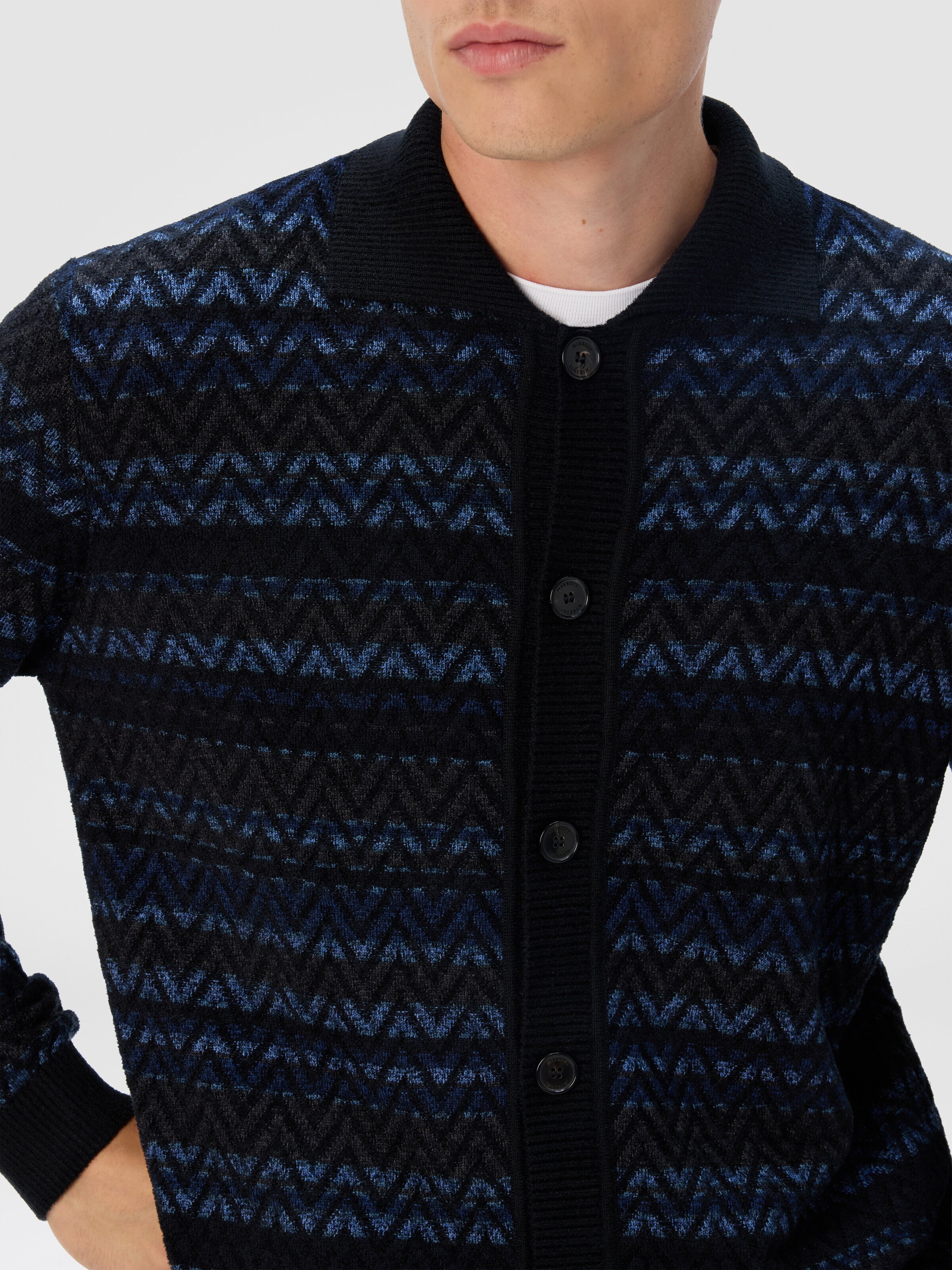 Cardigan with Zigzag and Stripe Pattern, Black & Blue - 4