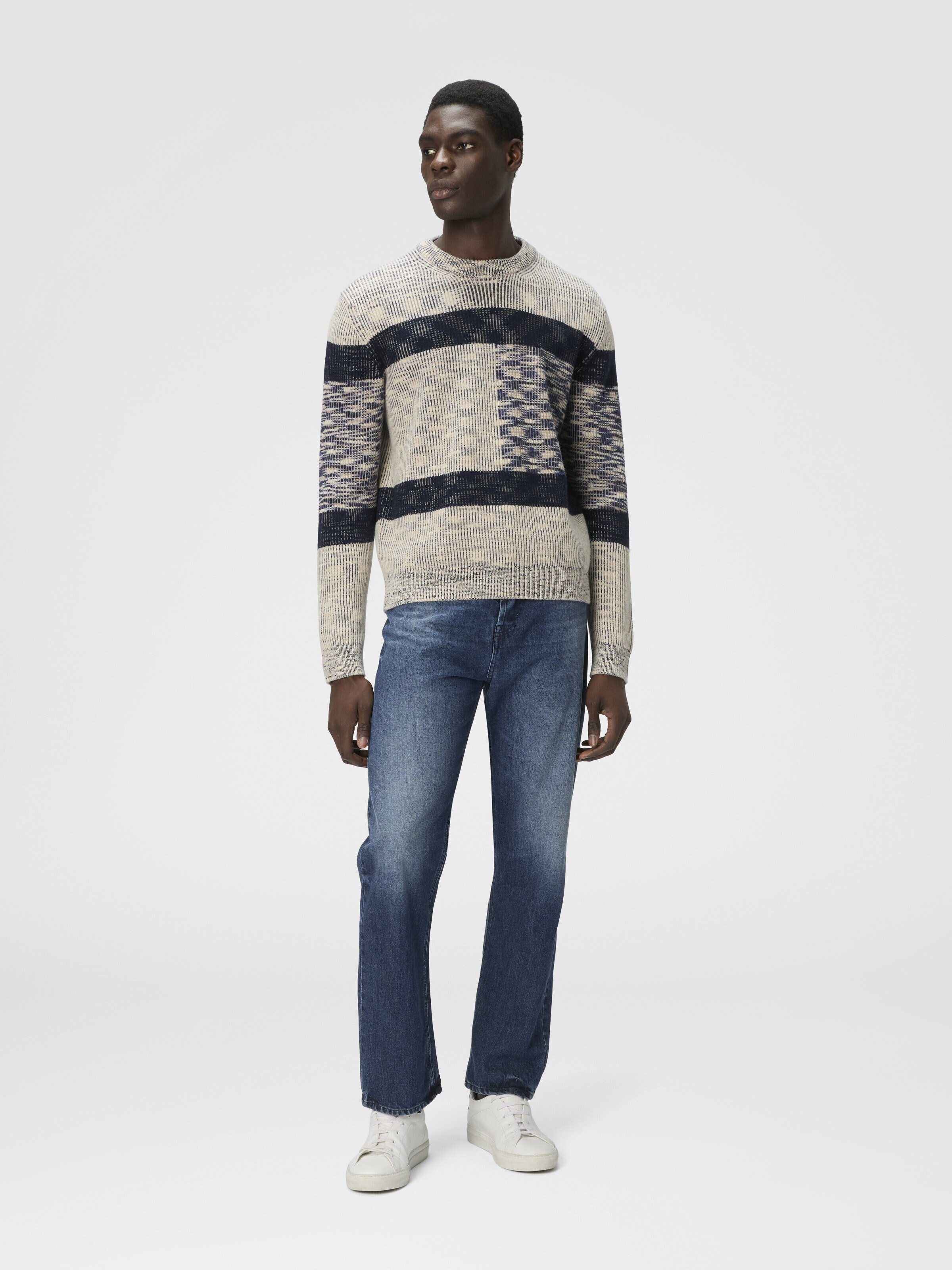 Crew Neck Sweater with Check Pattern, Beige & Navy Blue  - 1