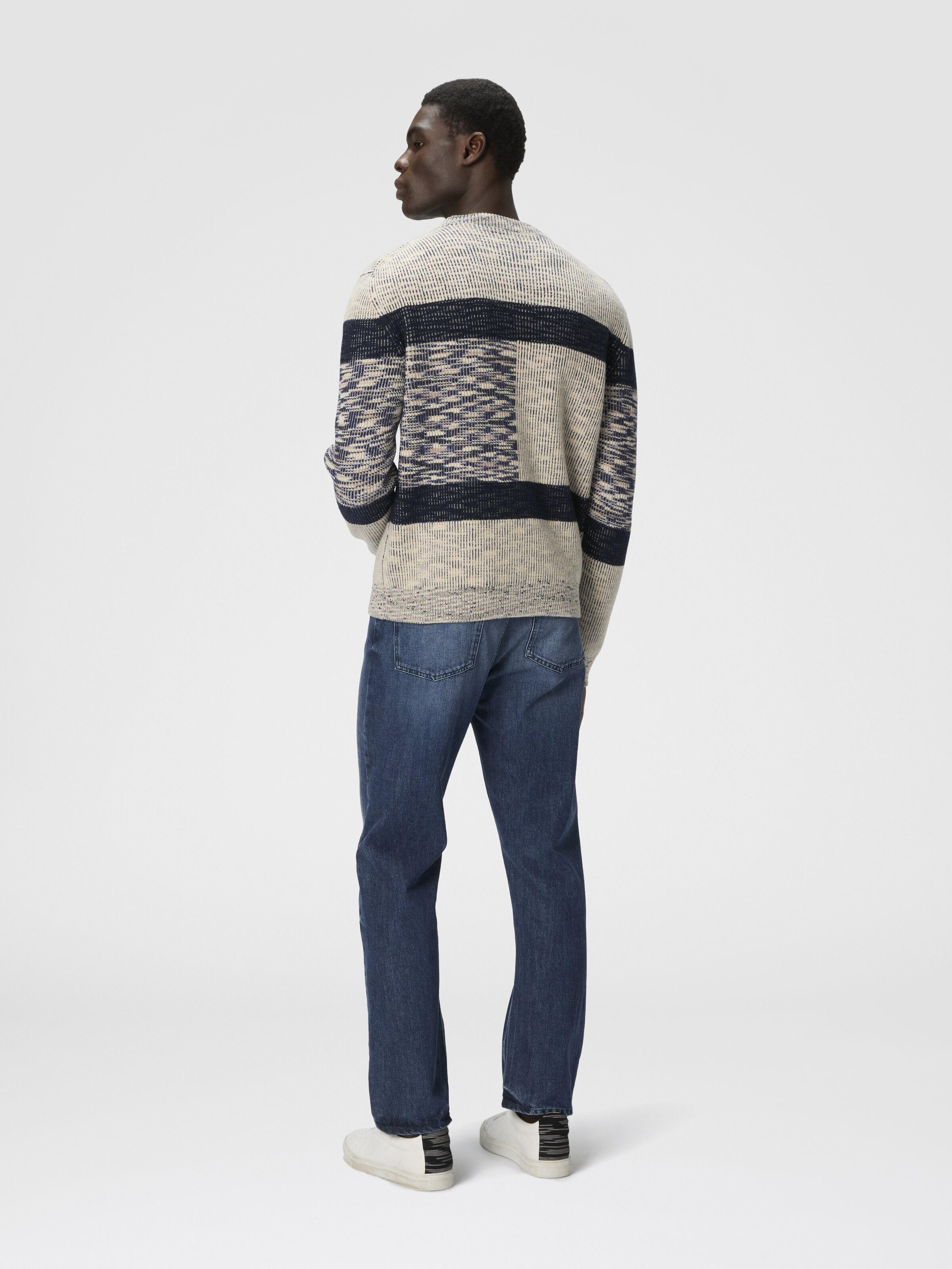 Crew Neck Sweater with Check Pattern, Beige & Navy Blue  - 2