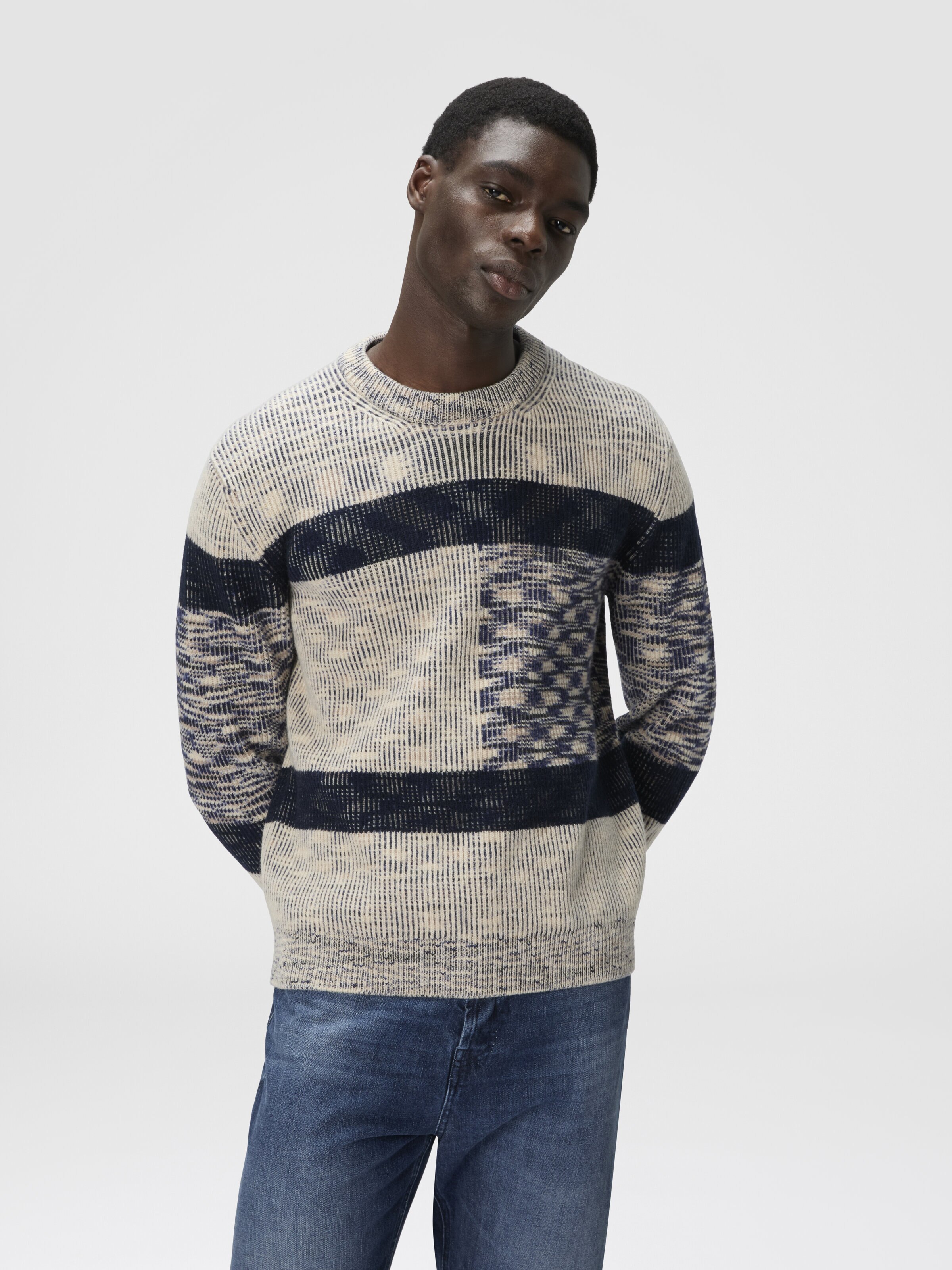 Crew Neck Sweater with Check Pattern, Beige & Navy Blue  - 3