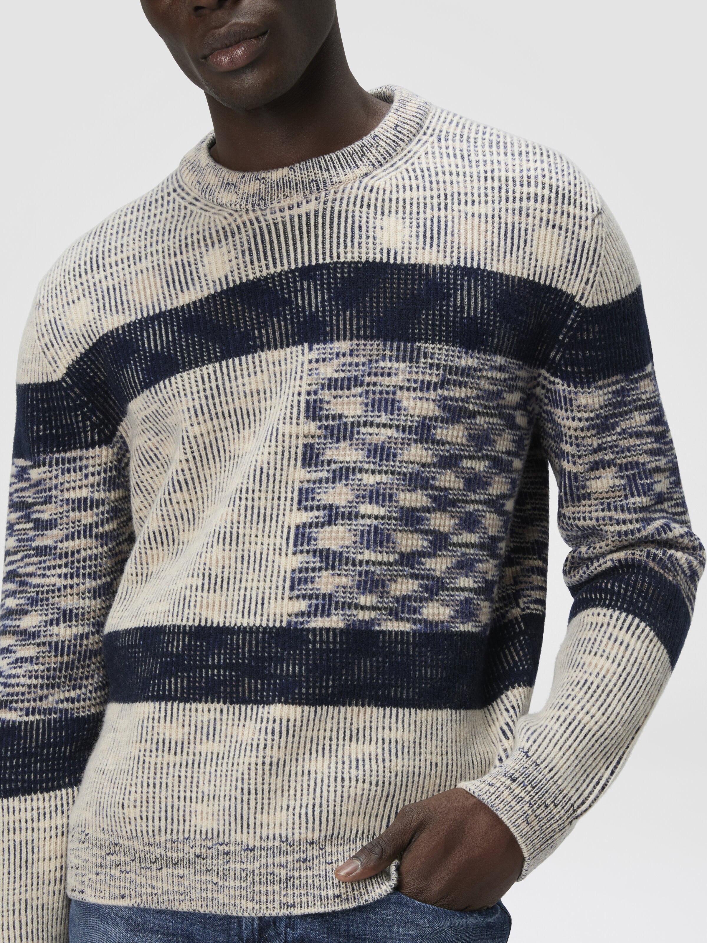 Crew Neck Sweater with Check Pattern, Beige & Navy Blue  - 4