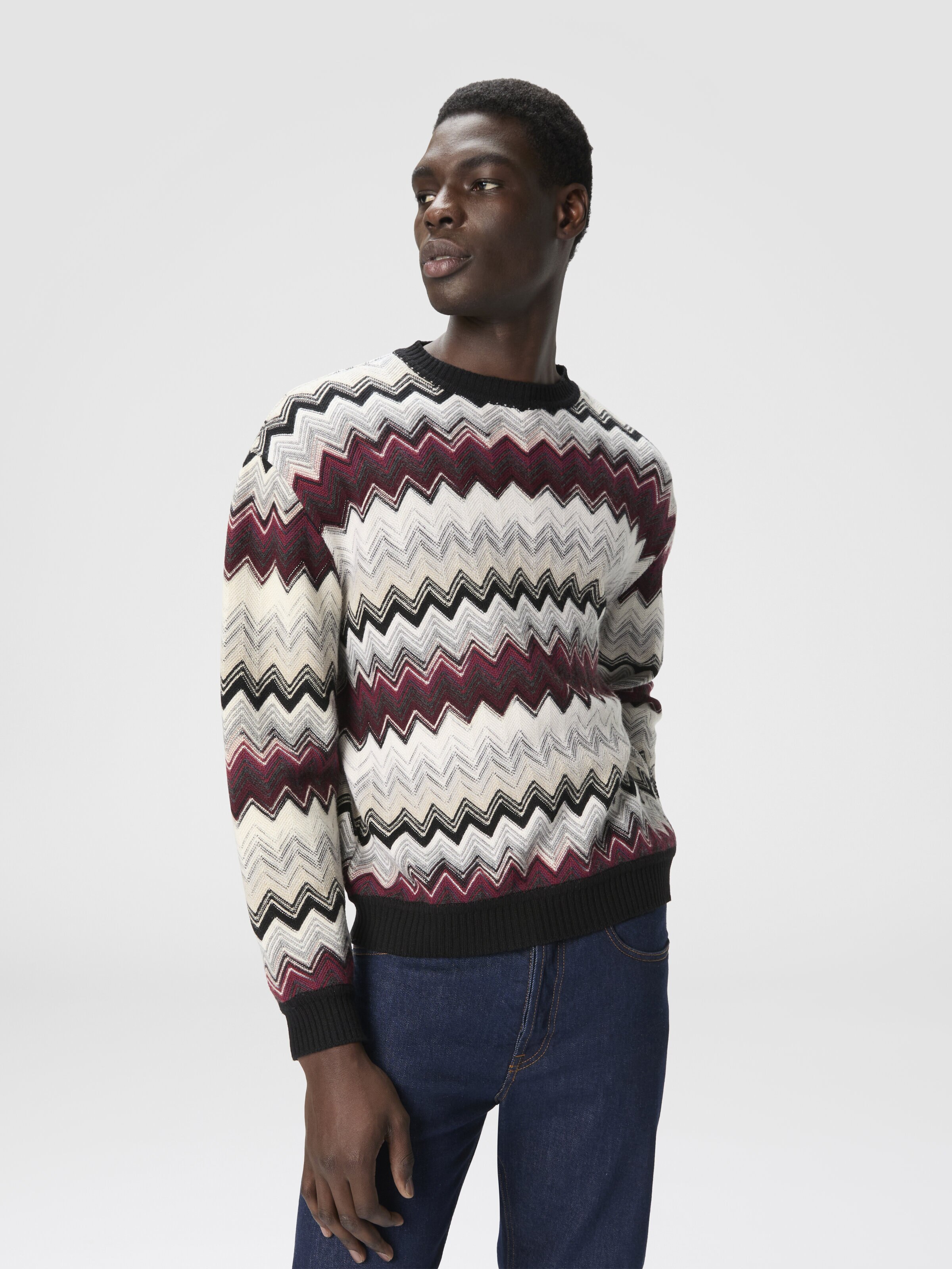 Rundhalspullover mit flammigem Zickzackmuster, Beige & Burgund - 4