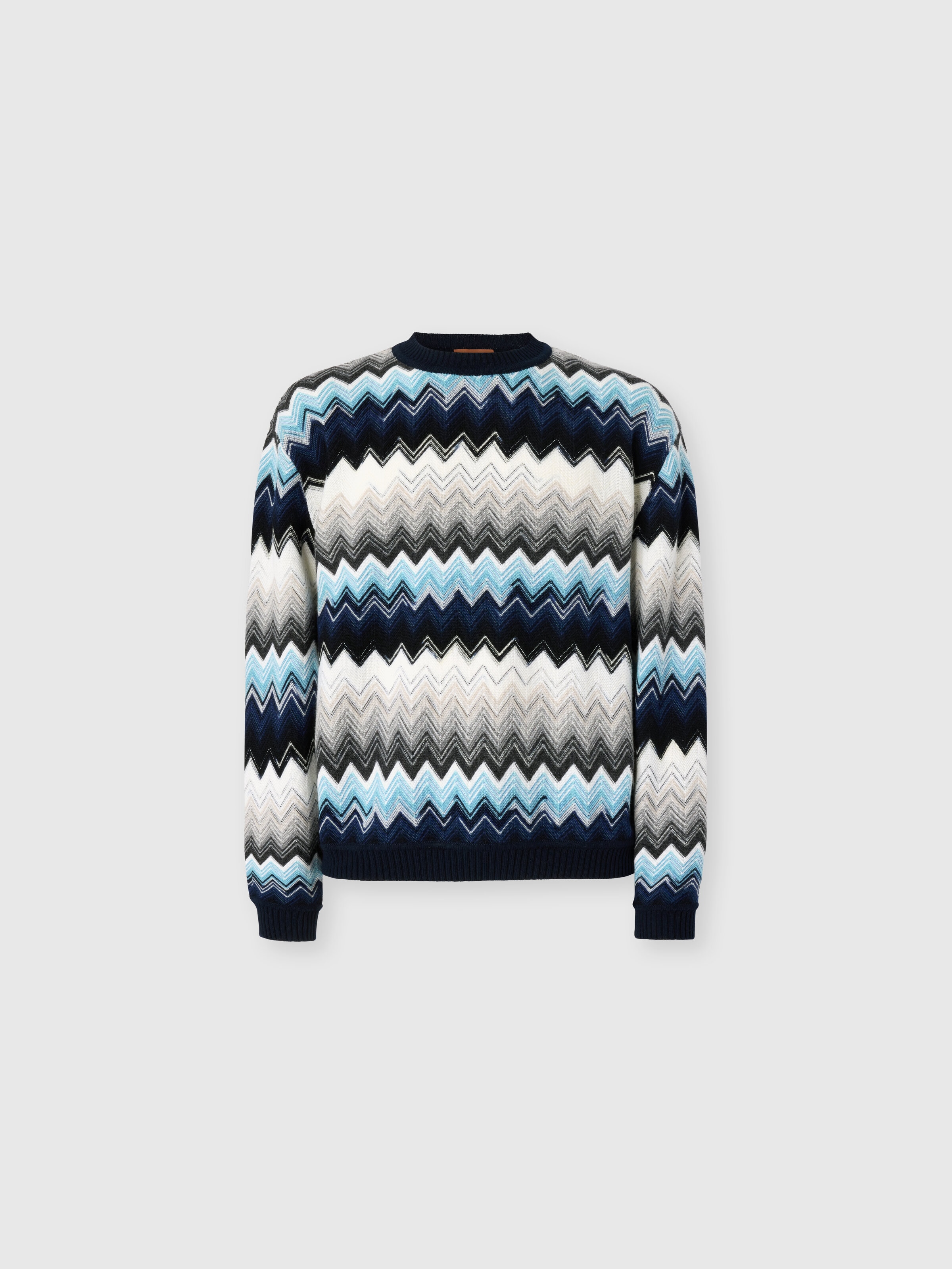 Crew Neck Sweater with Flame Zigzag Pattern, Black & Blue - 0