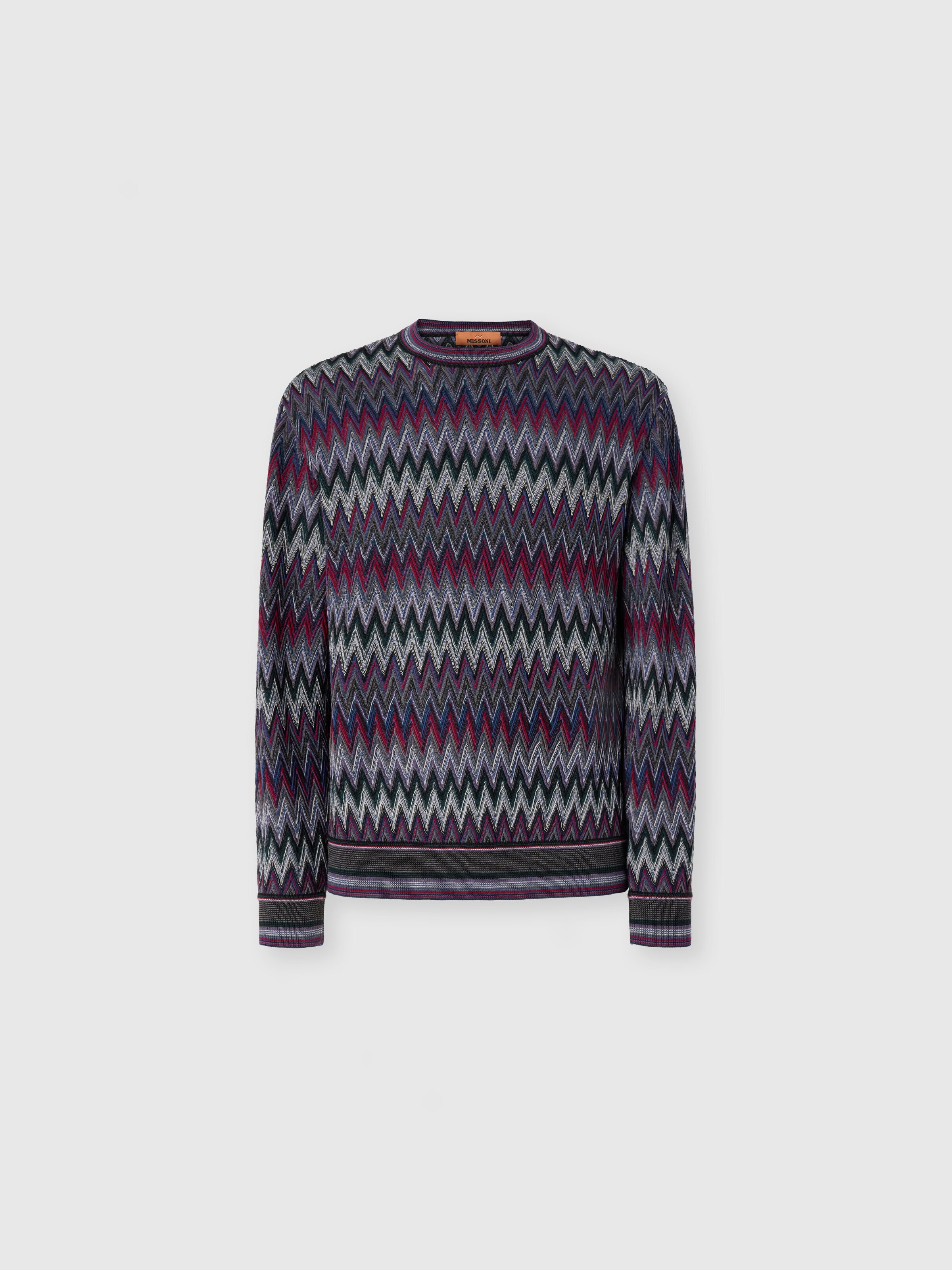 Crew Neck Sweater with 3D Zigzag Pattern, Multicoloured  - 0